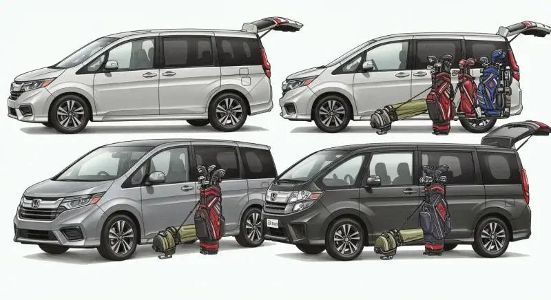 歴代モデルのステップワゴンを並べ、ゴルフバッグ収納スペースの違いを比較するリアルなカットイラスト