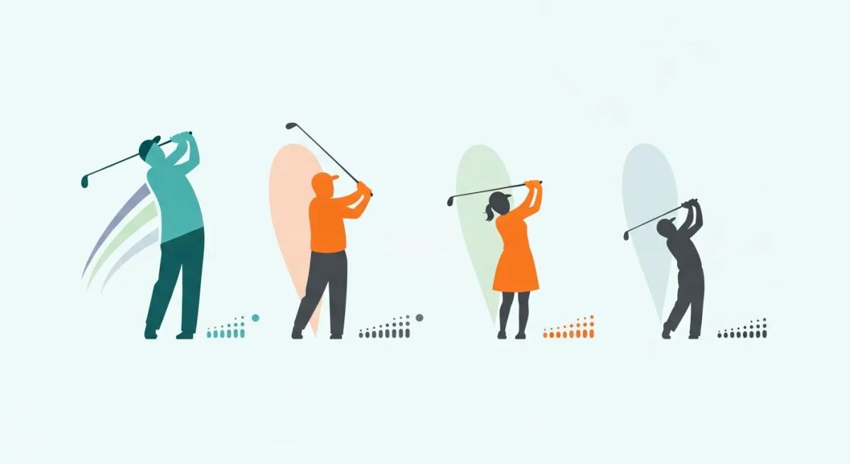 年齢・性別・プロとの差を象徴的に表したフラットデザイン。男性・女性・プロのシルエットや抽象的な形でスイングスピード差を表現。統一感ある色合いで、端に小さなロゴを配置。