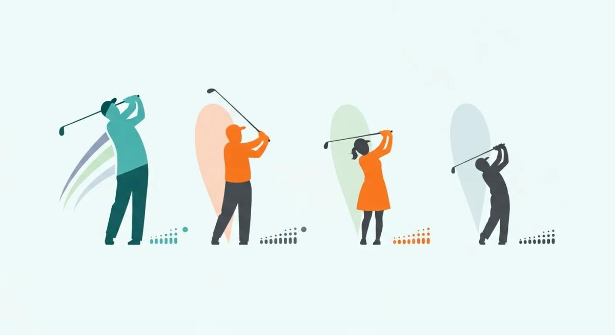 年齢・性別・プロとの差を象徴的に表したフラットデザイン。男性・女性・プロのシルエットや抽象的な形でスイングスピード差を表現。統一感ある色合いで、端に小さなロゴを配置。
