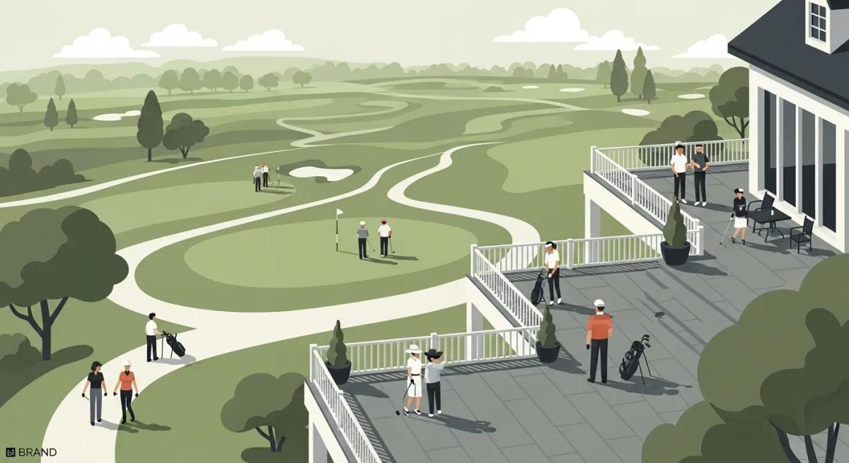 クラブハウスのテラスから複数のフェアウェイを見下ろすセミアイソメのフラットイラスト。中景に5人組を含む複数グループが進行速度の違いを示す配置。文字やアイコンなしで対比を表現。パレットはシリーズ統一。ロゴは左下端の余白に小さく1箇所。