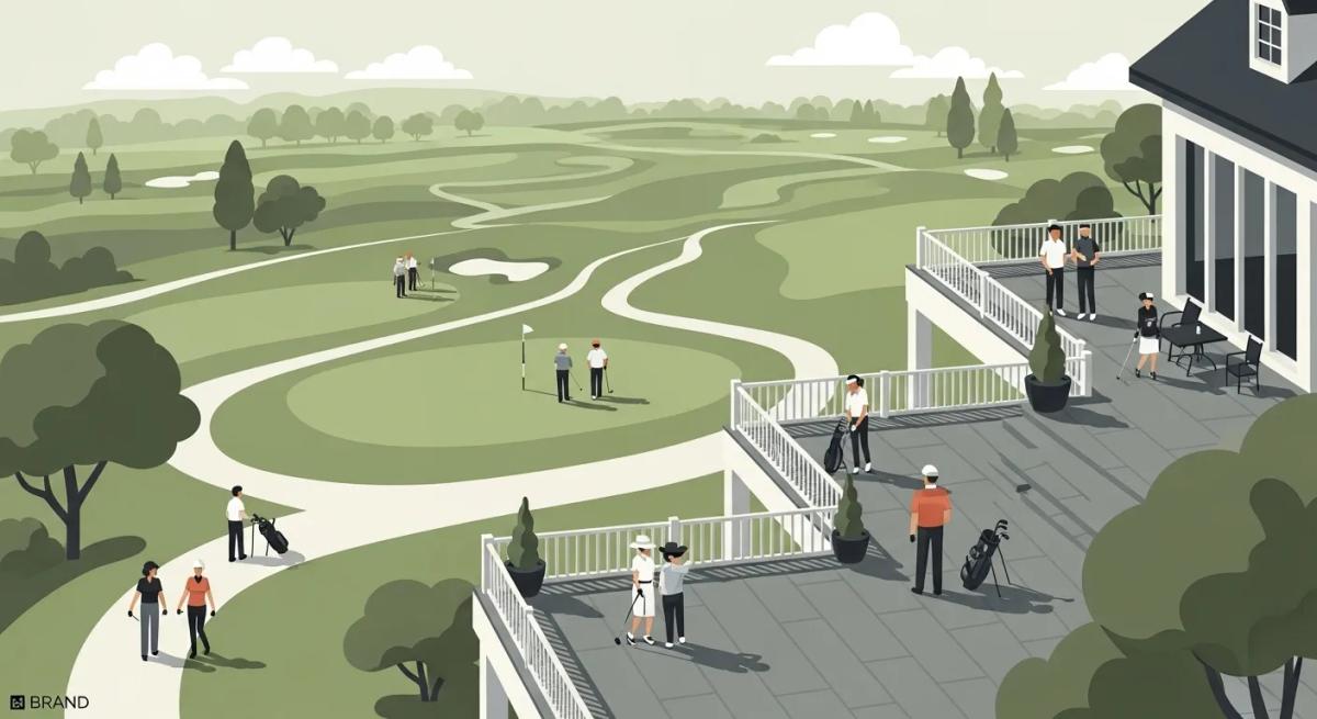 クラブハウスのテラスから複数のフェアウェイを見下ろすセミアイソメのフラットイラスト。中景に5人組を含む複数グループが進行速度の違いを示す配置。文字やアイコンなしで対比を表現。パレットはシリーズ統一。ロゴは左下端の余白に小さく1箇所。