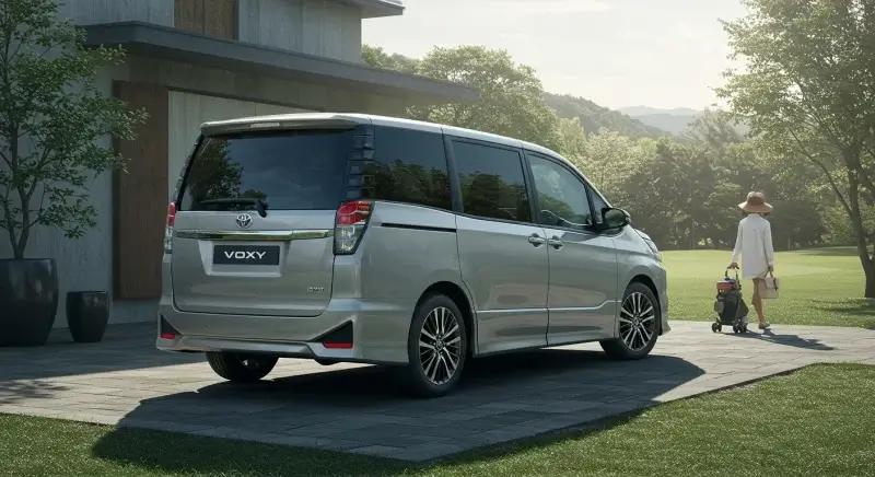 自宅やゴルフ場で停車する90系イメージのヴォクシー。パワースライドドア等の便利装備をさりげなく示唆(UIや文字は非表示)。中景、柔らかな自然光、クールトーン統一、背景は整然。ロゴは画像端に1箇所のみ。