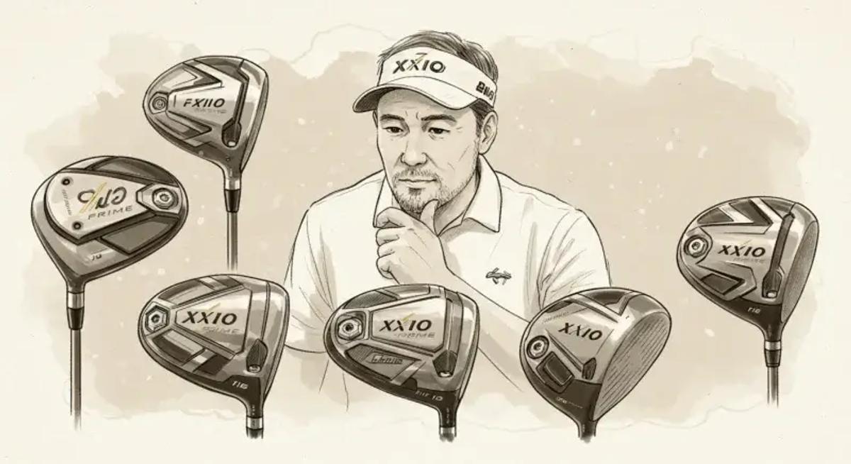 複数のゼクシオプライムドライバーから選ぶゴルファーの手描き風イラスト