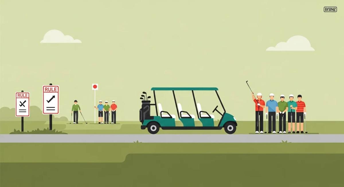 カート道沿いのフラットなサイドビュー。判読不能な記号だけの看板、特定できない5人乗りカートの形、手前のティーで待機する5人組と前方でプレーする別グループを配置し、進行管理を示唆。統一色調。ロゴは右上端の空の余白に極小で。