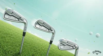 3本のELYTEアイアンを“構え・スイング中・フィニッシュ”の姿勢で配置し、性能の違いを動きで表現。すべて中立的なシルバー調。背景は明るい芝と空のグラデーション。