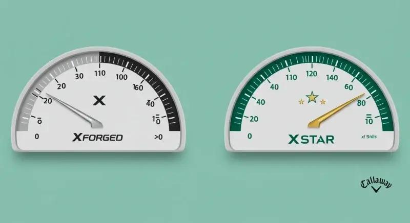 半円ゲージで直感比較。FORGEDはコントロール寄り、STARはやさしさ・飛距離寄り。数字なしでも針の向きで理解できる。
