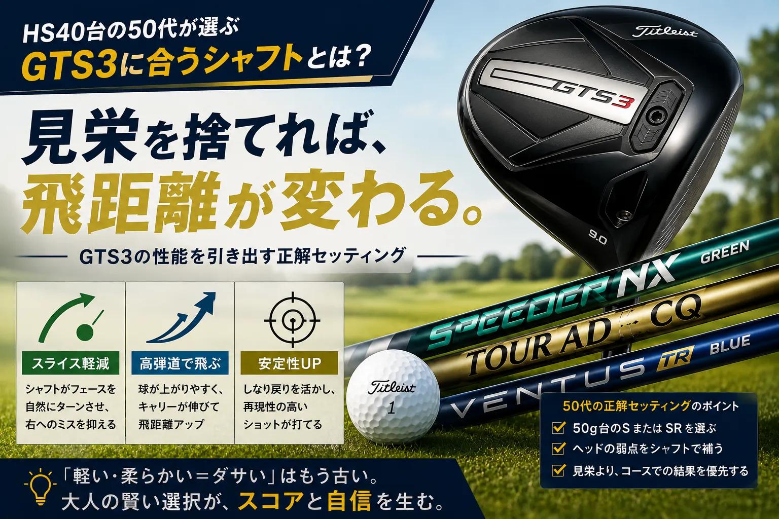 GTS3に硬すぎるシャフトを合わせた時のスライスや低弾道リスクを表す画像