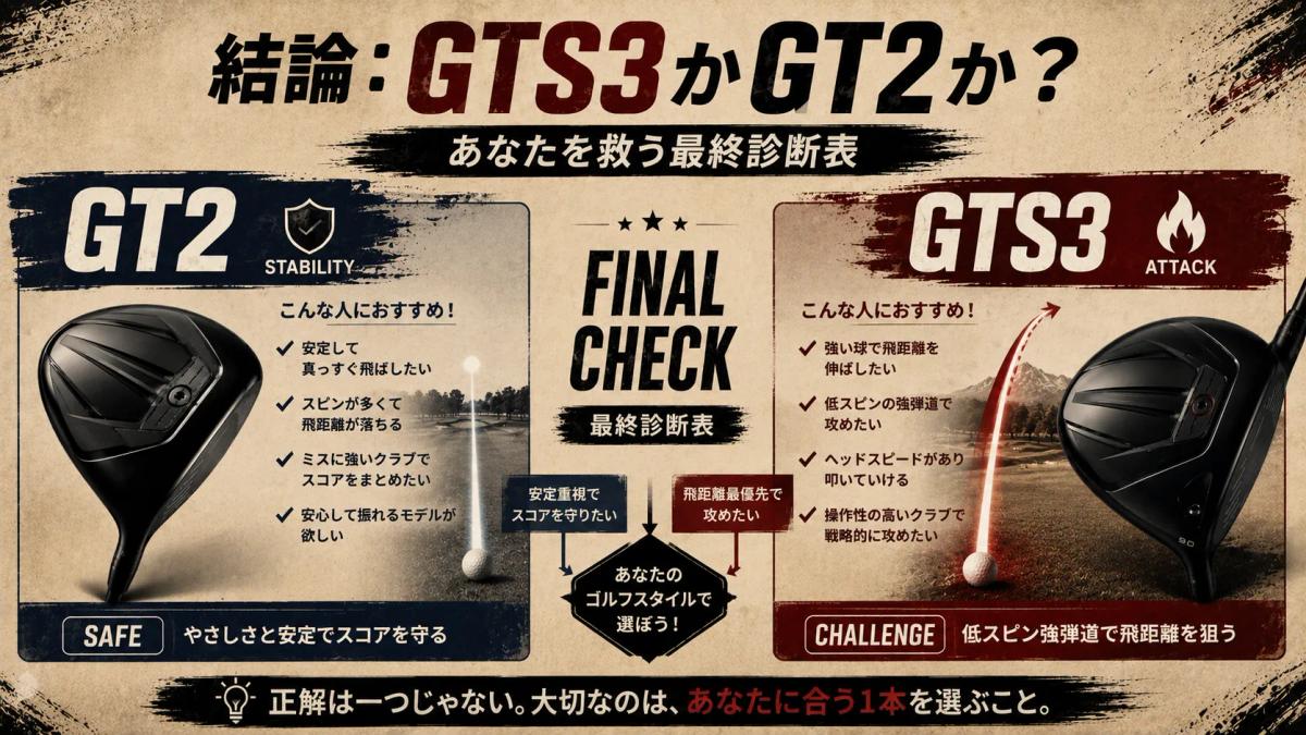 GT2かGTS3かを選ぶための最終診断表を比較とチェック項目で表現した画像