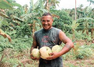 a woman is carrying a bunch of coconuts on her back . a woman is carrying a bunch of coconuts on her back .