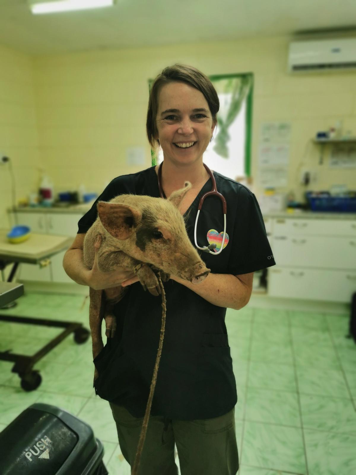 A volunteer holds a pig in the clinic and smiles for the camera A volunteer holds a pig in the clinic and smiles for the camera