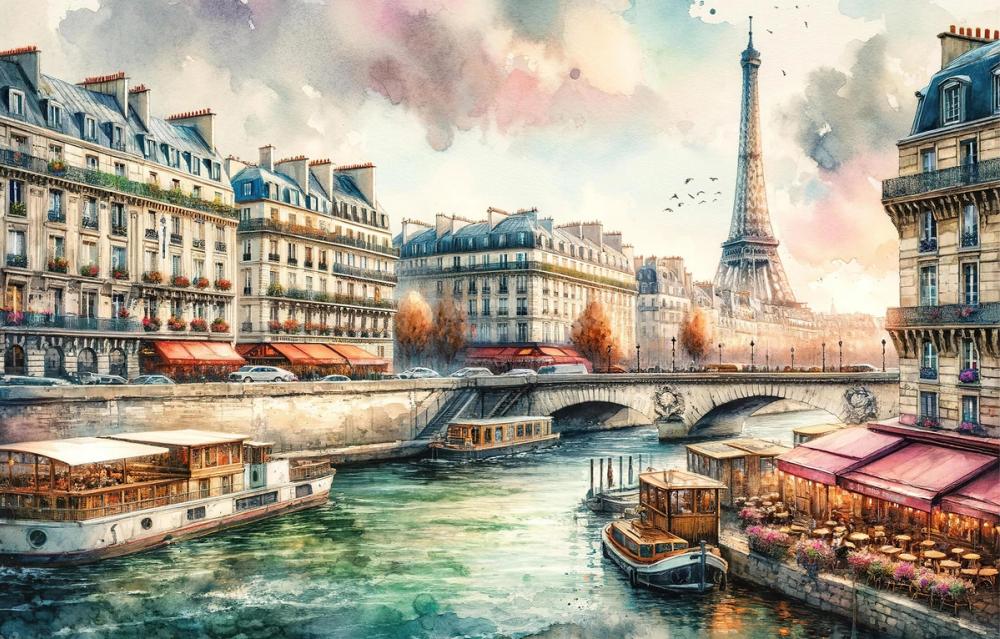 Parisian River Scene with Eiffel Tower