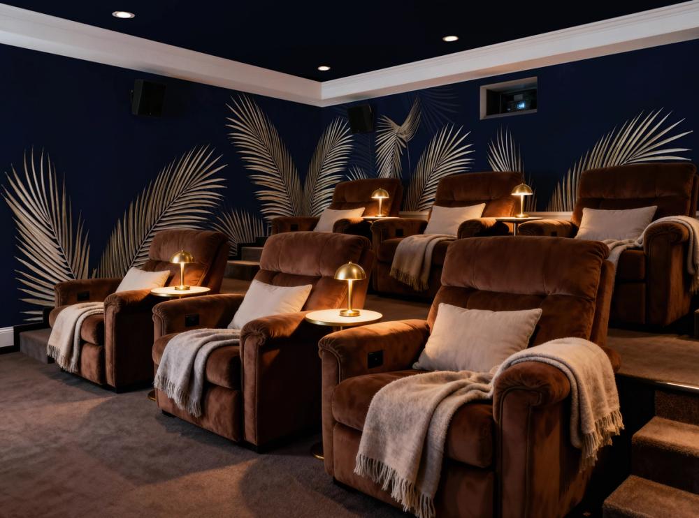 a photo of a home movie theatre with plush brown chairs and dark blue wallpaper with golden palm motif