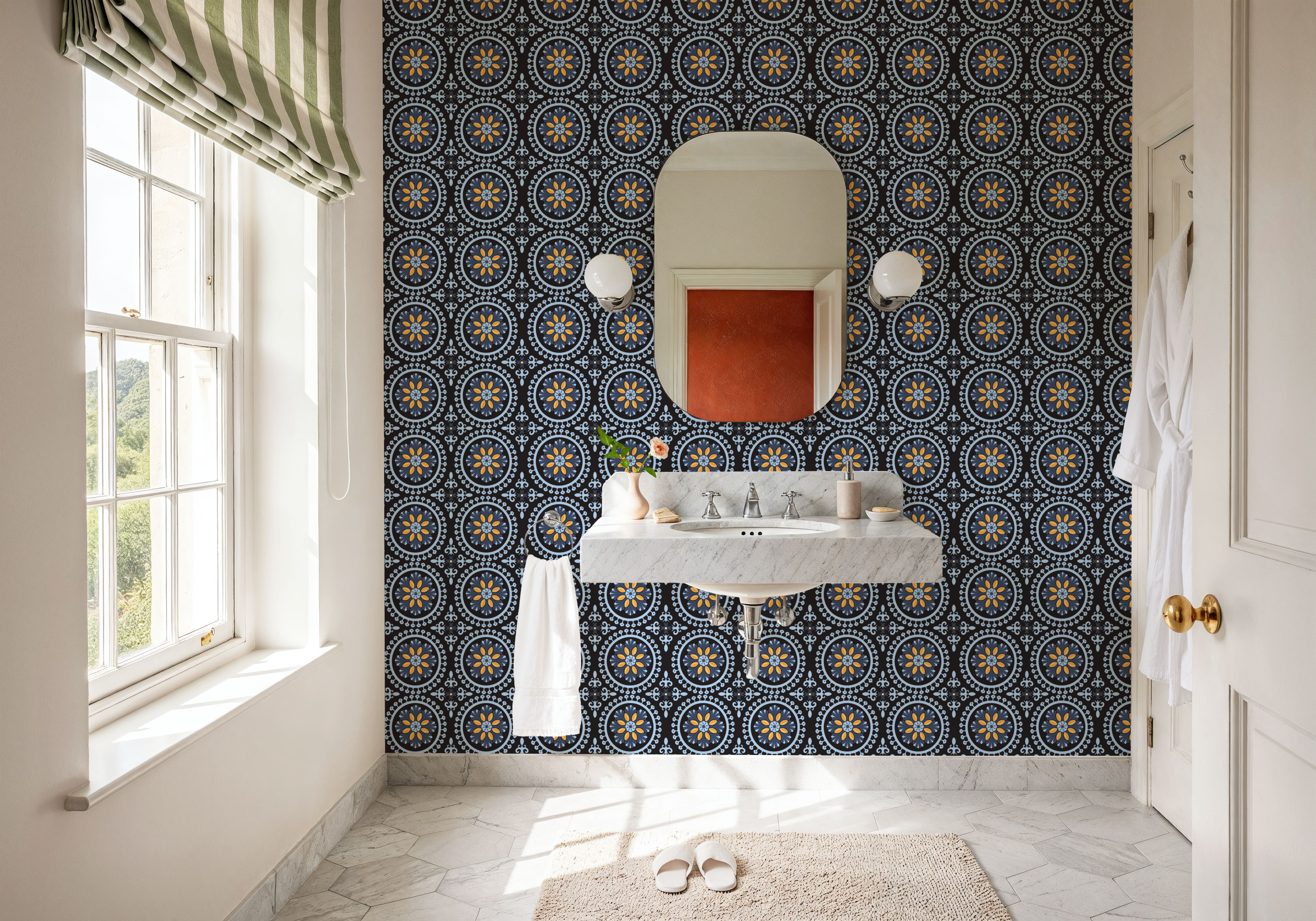 Geo Floral, Navy, Wallpaper