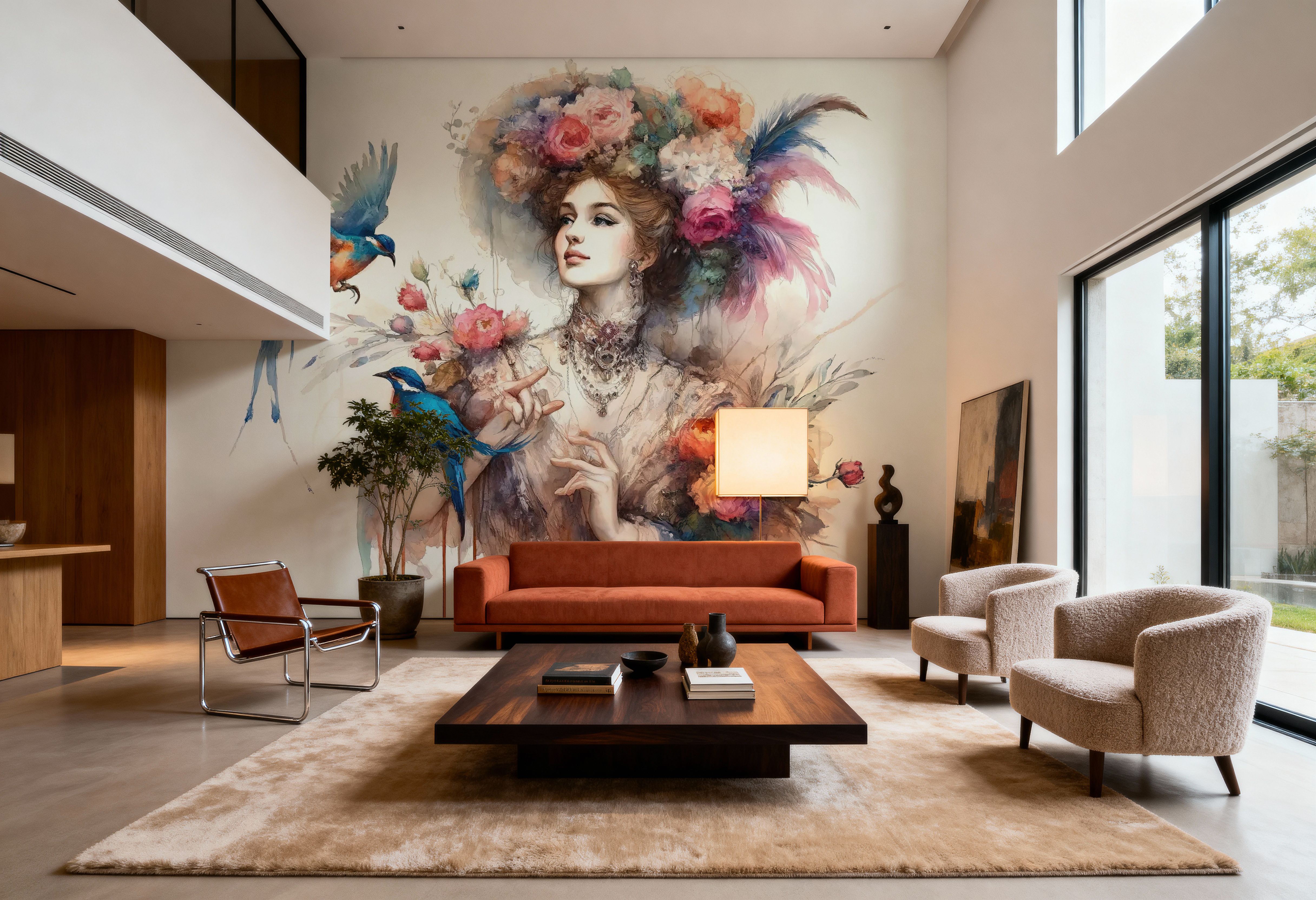 Enchanting Lady Amidst Blooms and Birds, Wallpaper