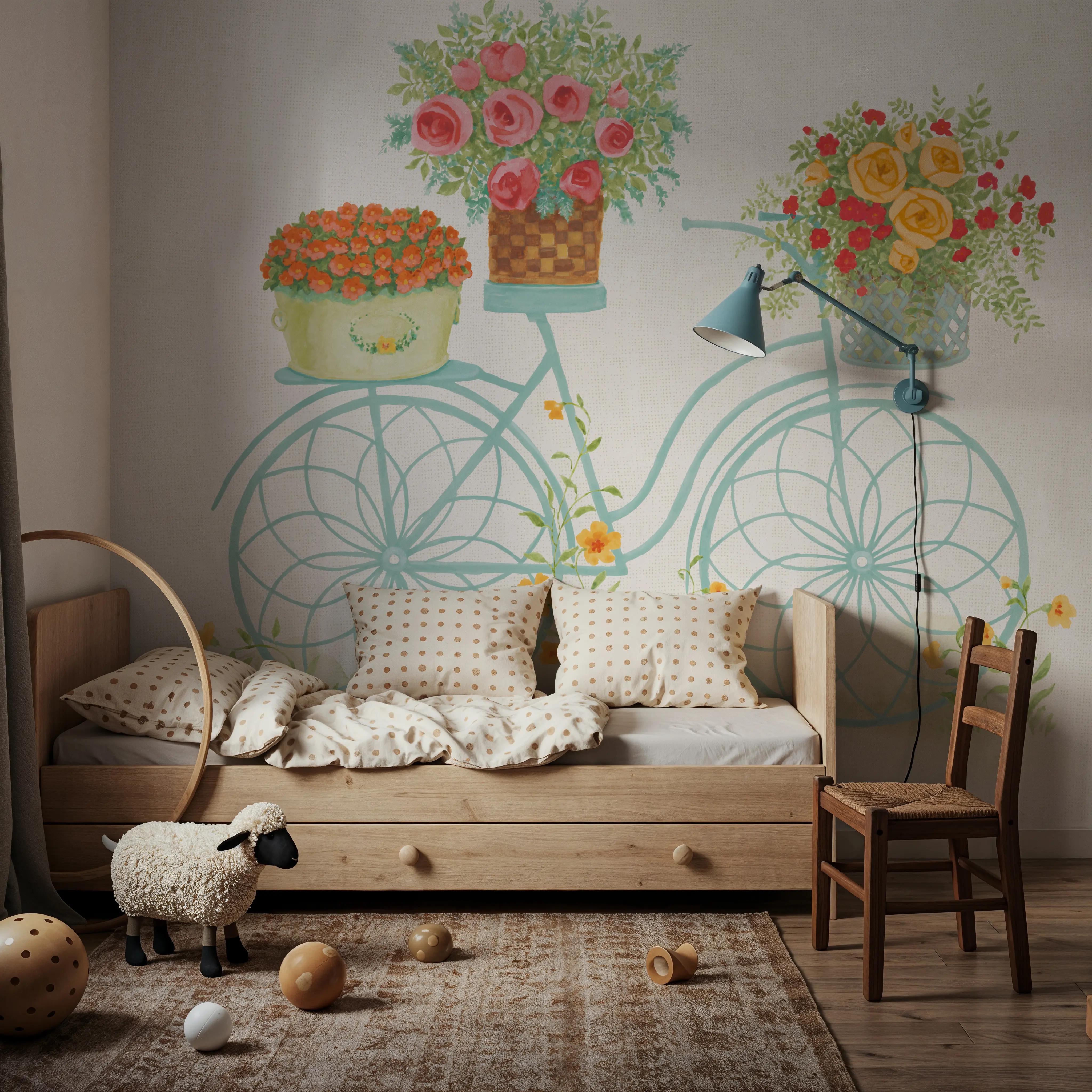 Wall Mural - Flea Market Flowers I - Floral Wicker mural wallpaper - Blue - Kids' Room - Wallism Ireland - Peel & Stick or Paste-the-Wall