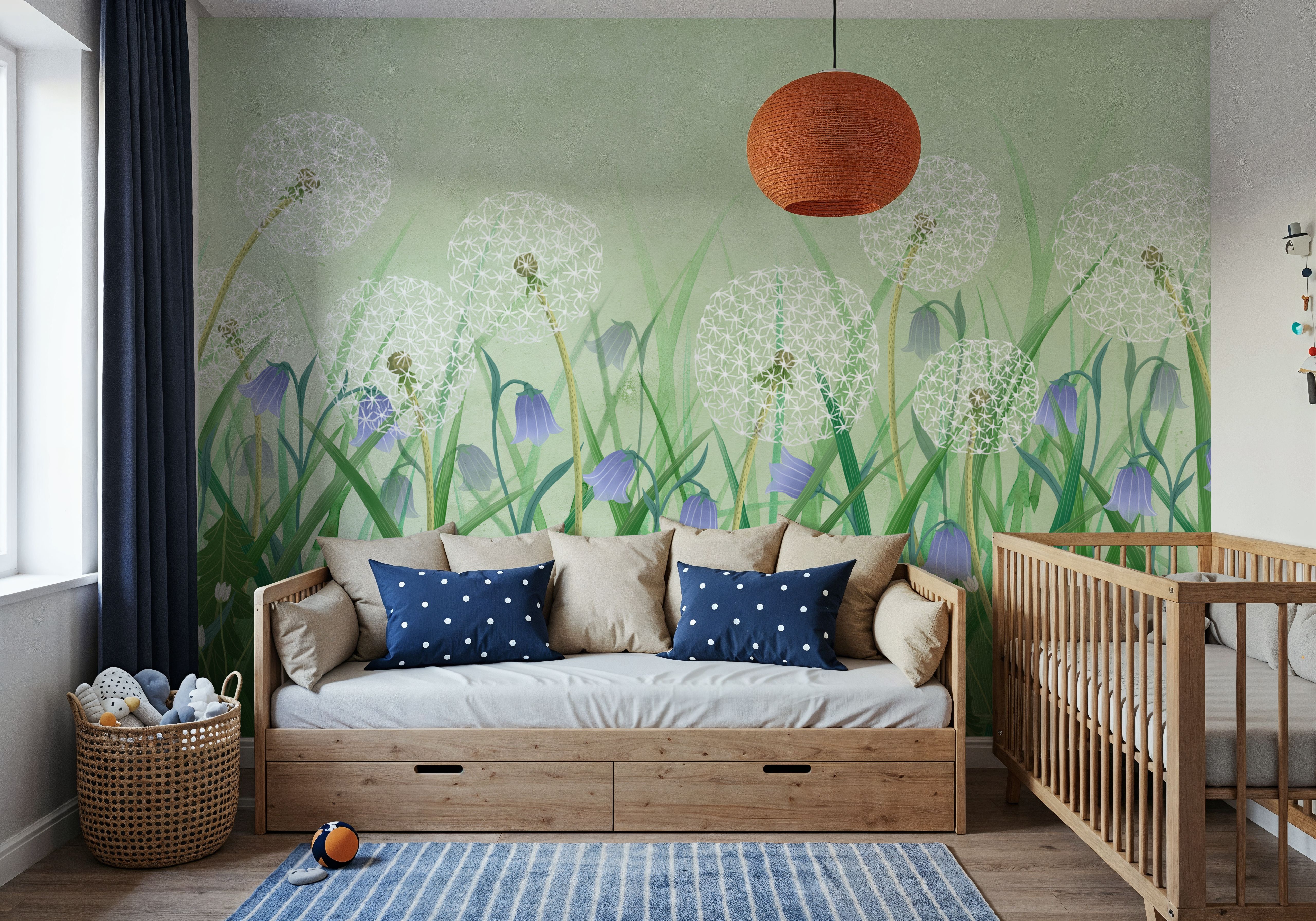 Dandelion Meadow, Green, Wallpaper