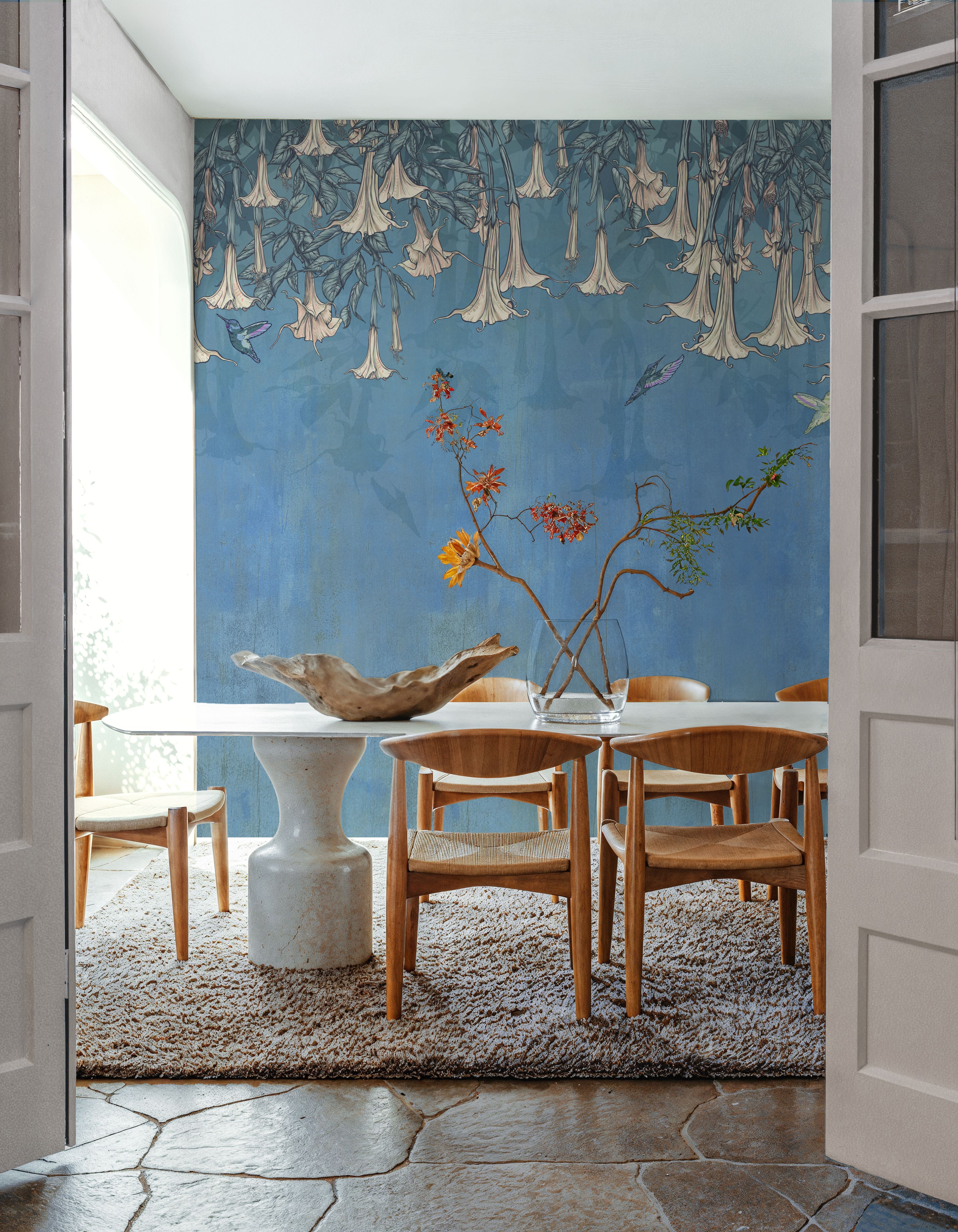 Wall Mural - Hummingbirds and Trumpets Blue - Birds Floral mural wallpaper - Blue - Dining Room - Wallism UK - Premium, Textured or Peel & Stick