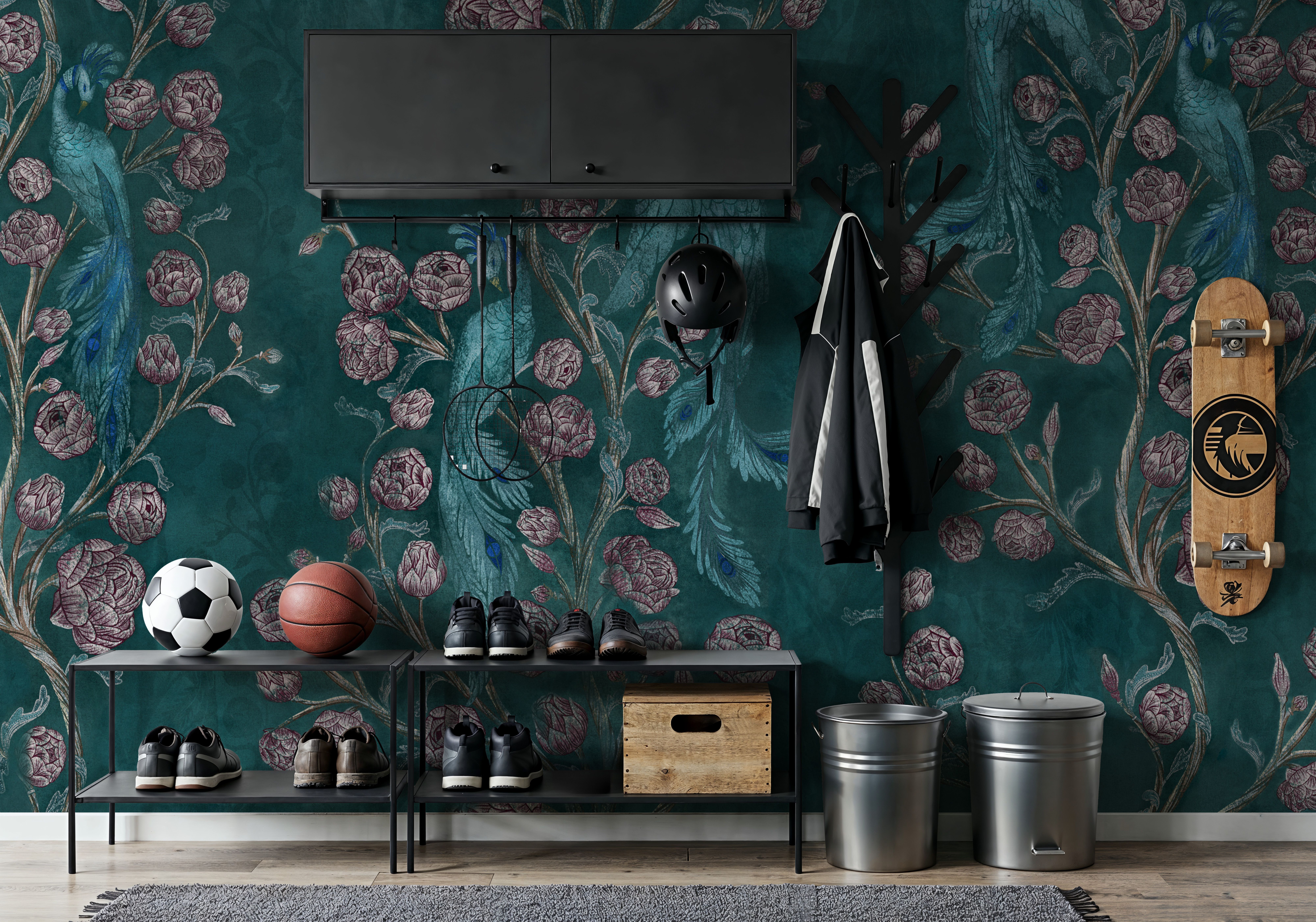 Peacock and Peony Chinoiserie Teal, Wallpaper