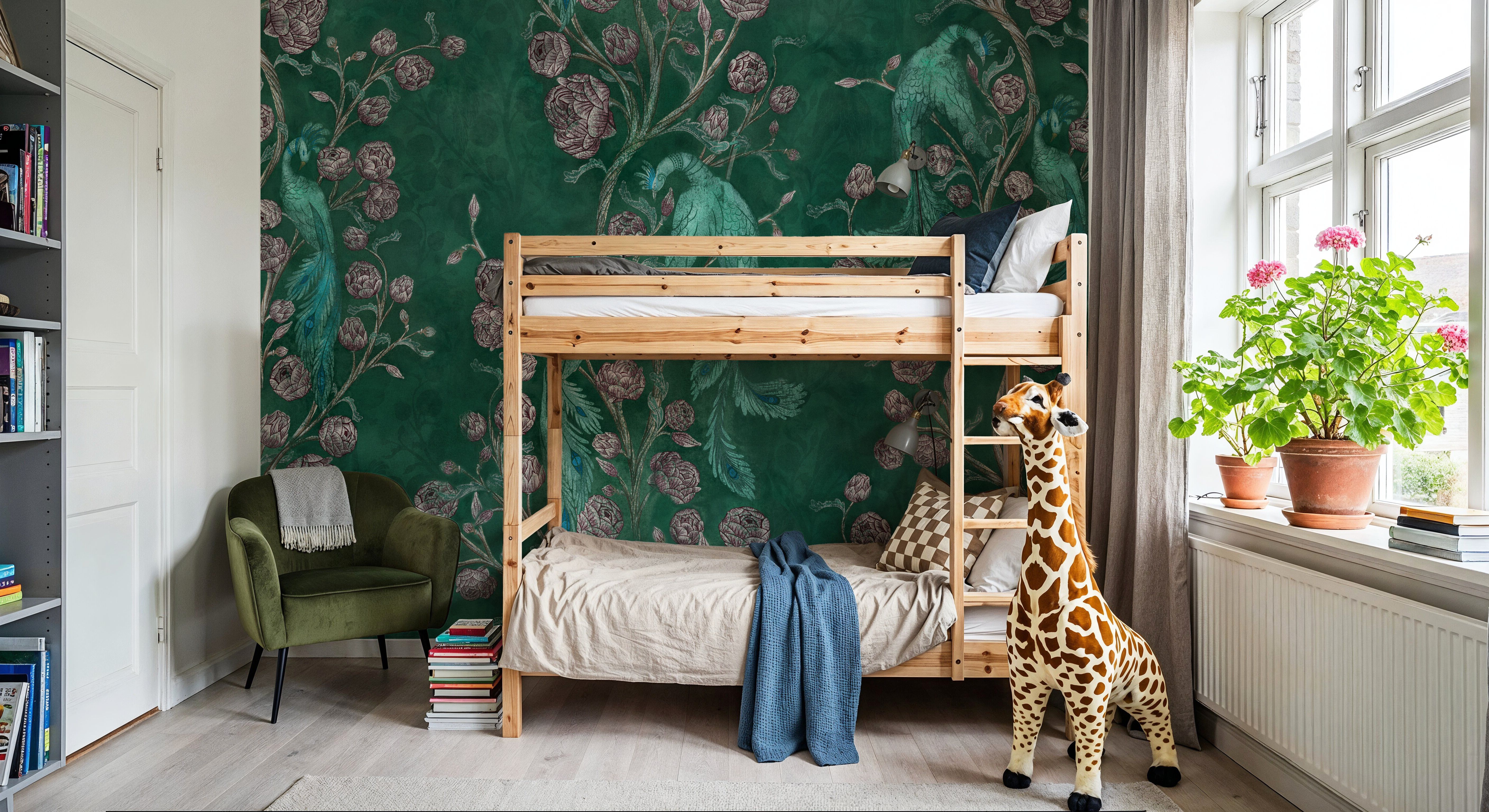 Peacock and Peony Chinoiserie Bottle Green