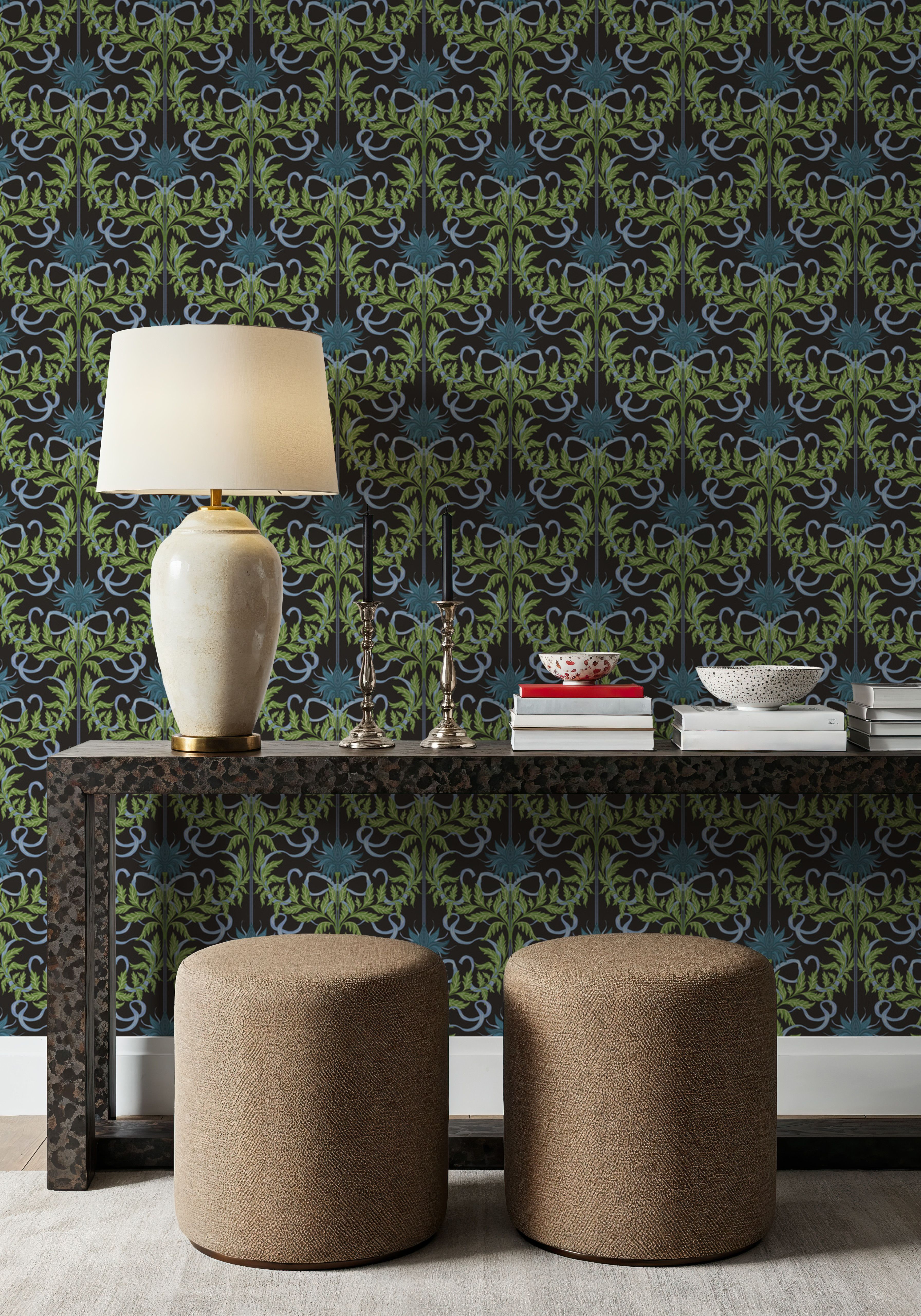 Floral Damask & Bows, Midnight, Papel de parede