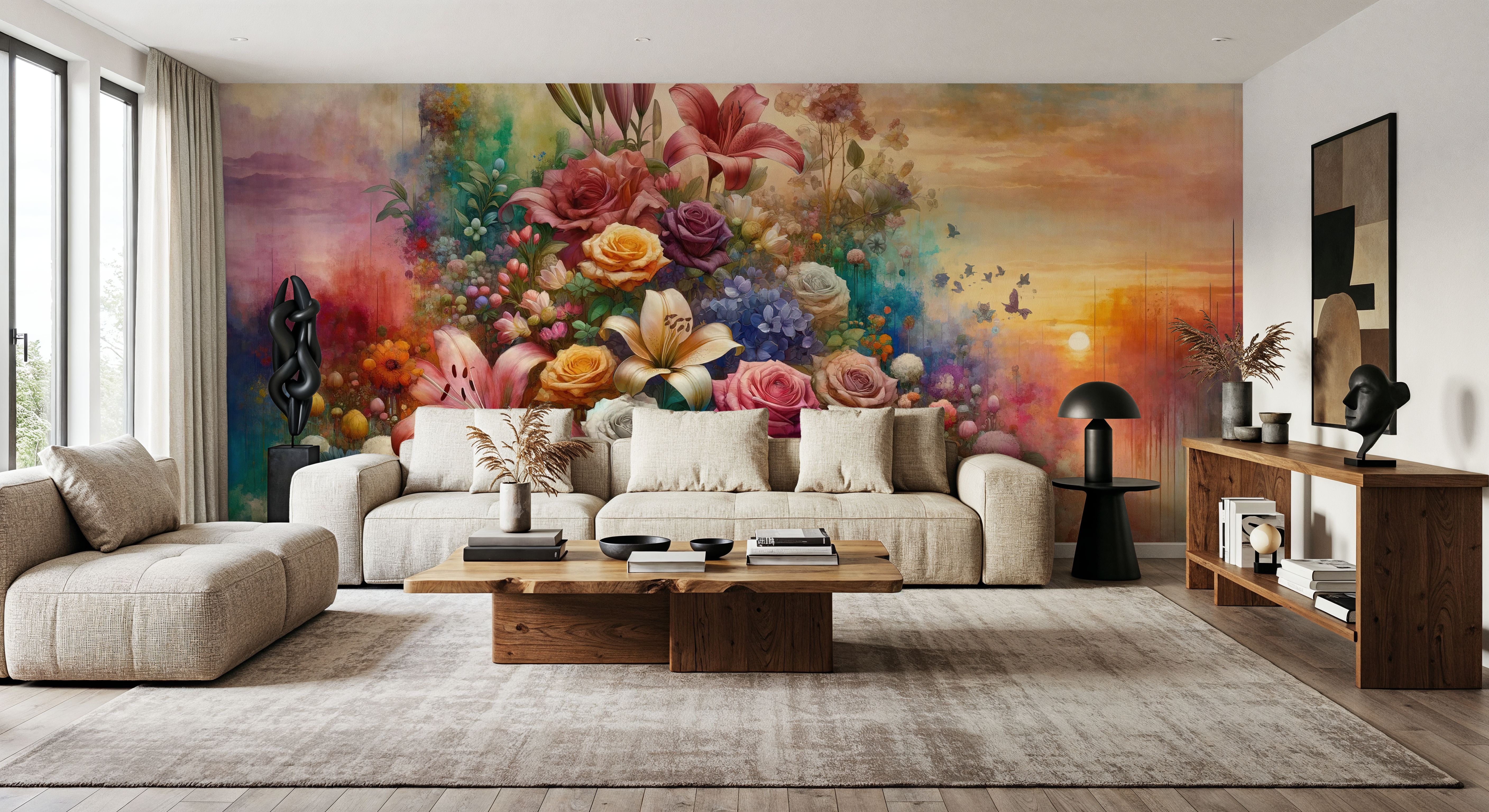 Watercolor Exuberant Garden At Sunse