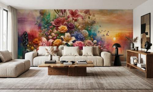 Watercolor Exuberant Garden At Sunse