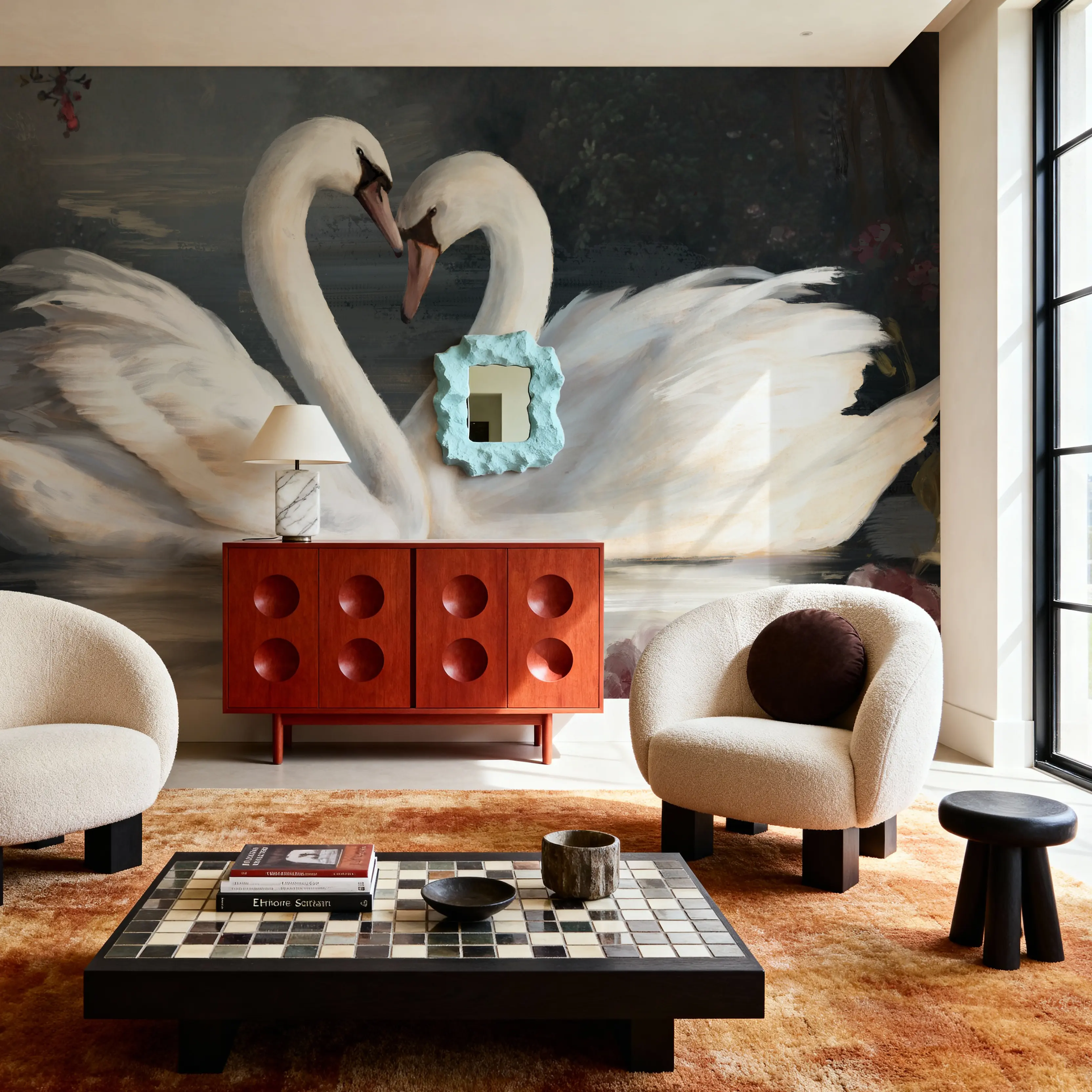 Fotobehang - Swan Lake - Vogels Dieren Mural - Wit - Woonkamer - Wallism België - Zelfklevend of Vliesbehang