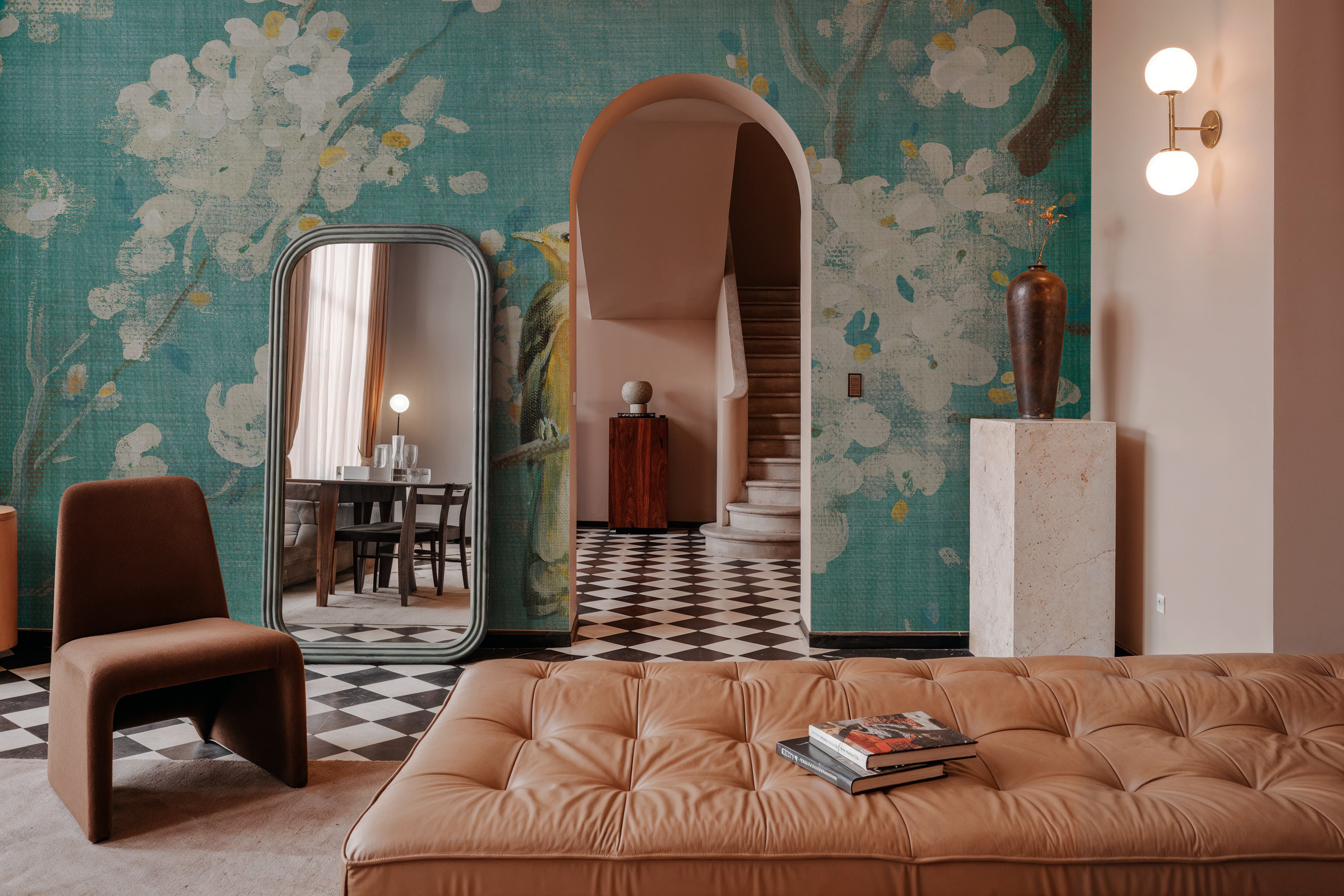 White Cherry Blossoms I on Blue Aged