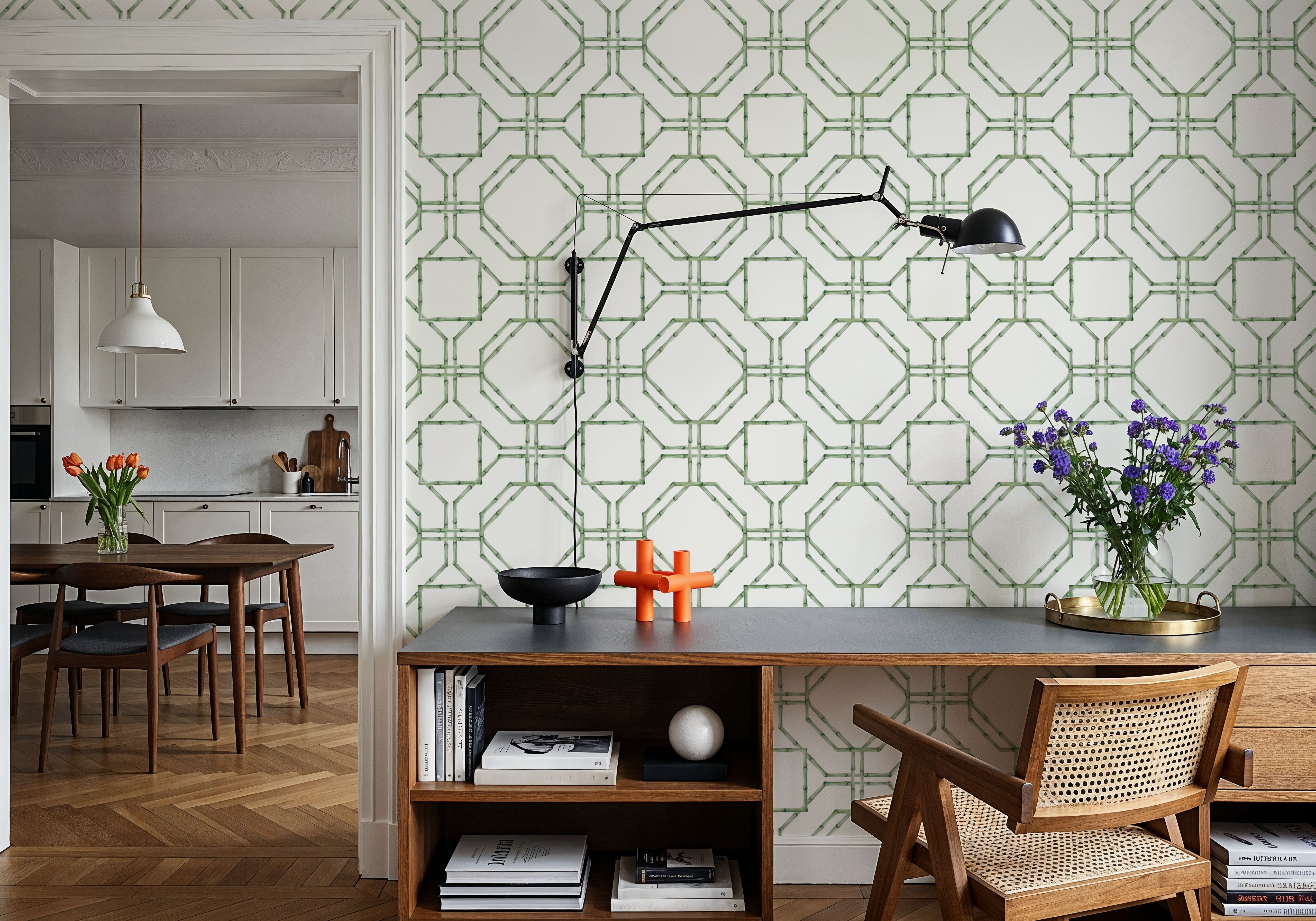 Bamboo Lattice, Green, Carte da parati