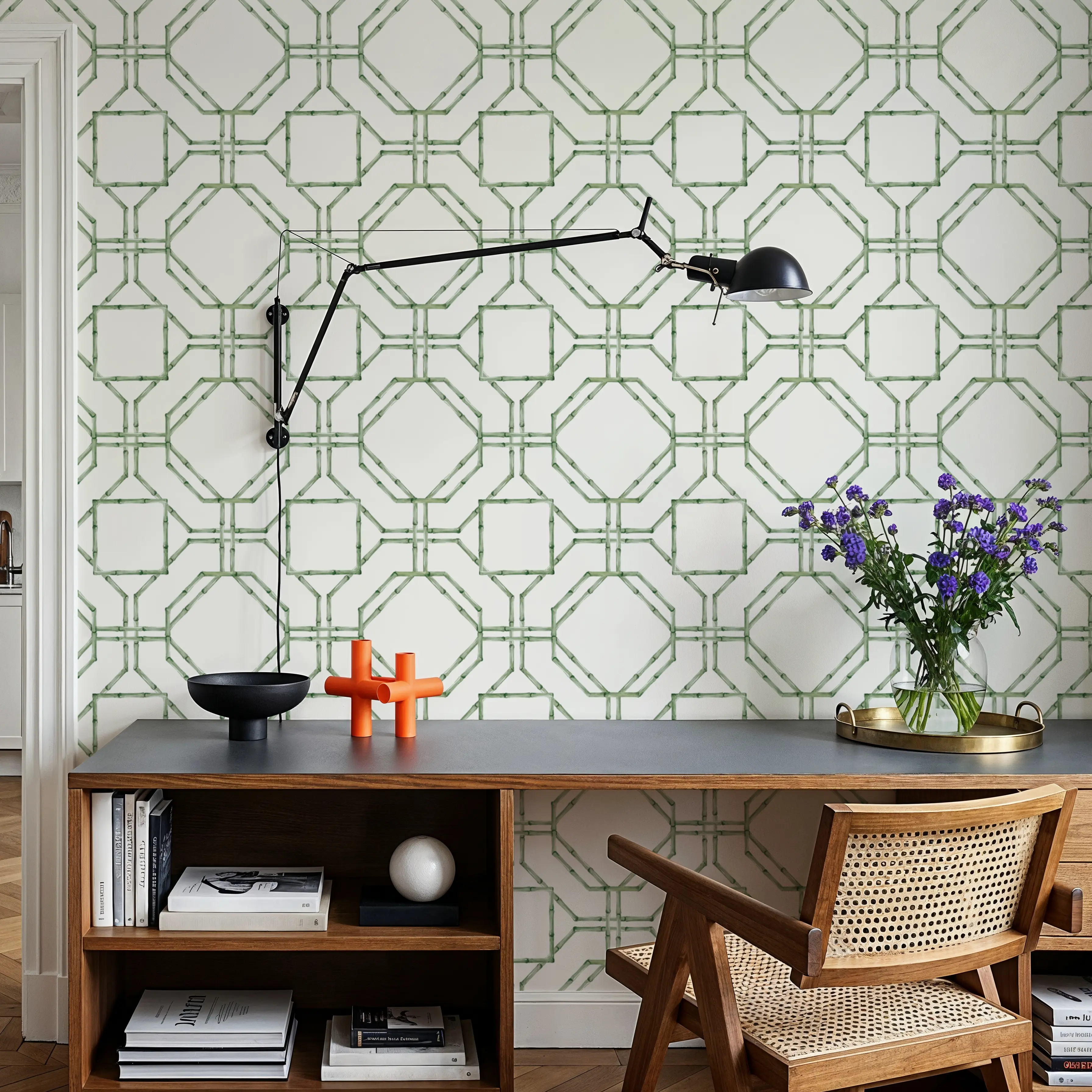Papier Peint - Bamboo Lattice, Green - Lignes Treillis - Vert - Salle à manger - Wallism Belgique - Encollage au mur ou Autocollant