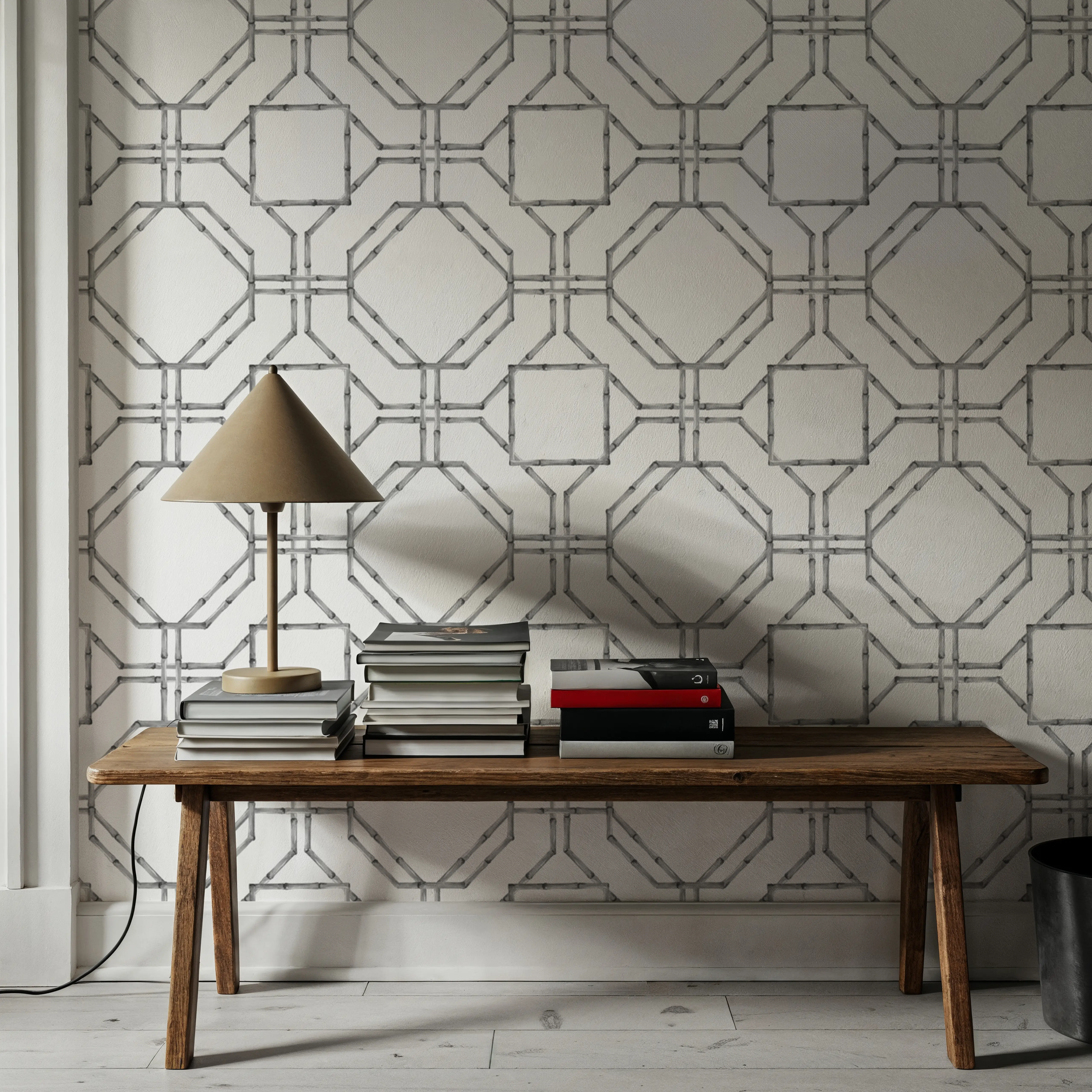 Wallpaper - Bamboo Lattice, Gray - Trellis - Gray - Bedroom - Wallism UK - Peel & Stick or Paste-the-Wall