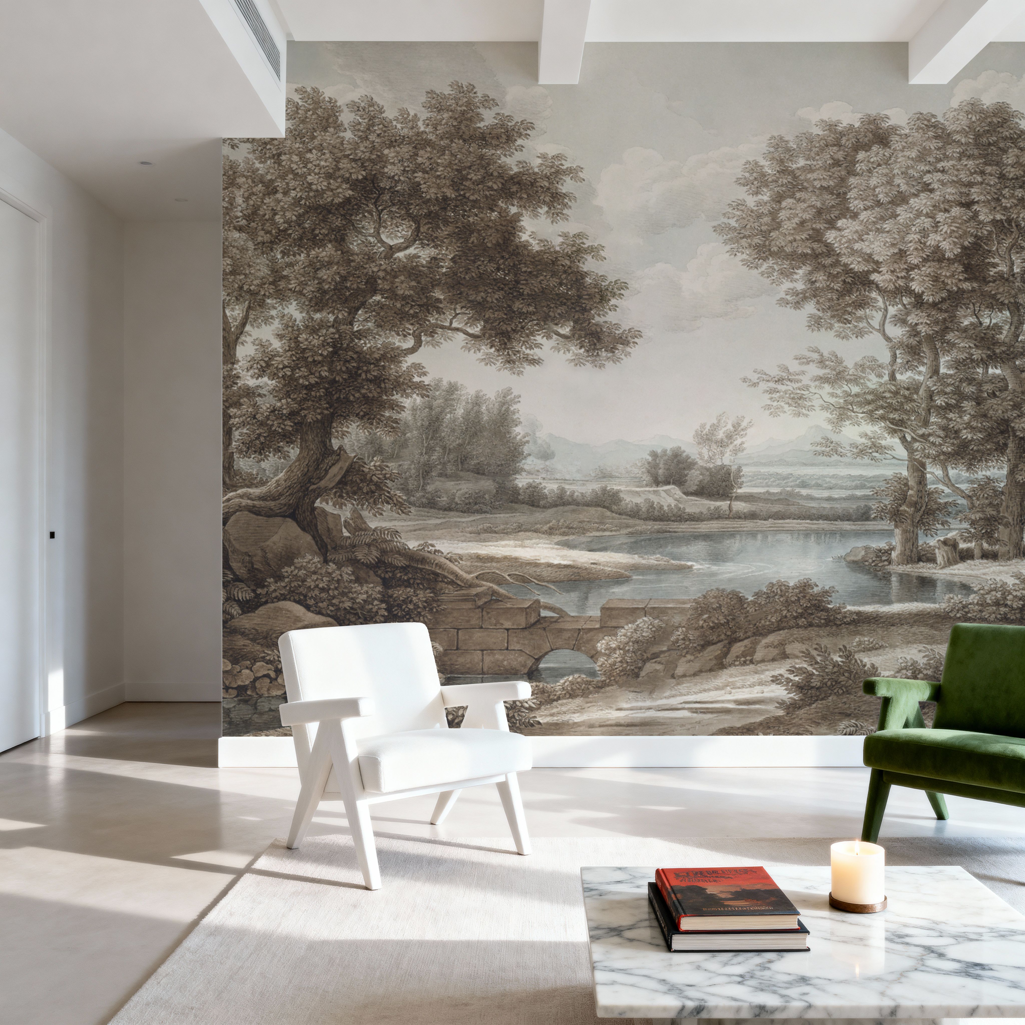 Riverbank Oak Landscape, Vintage