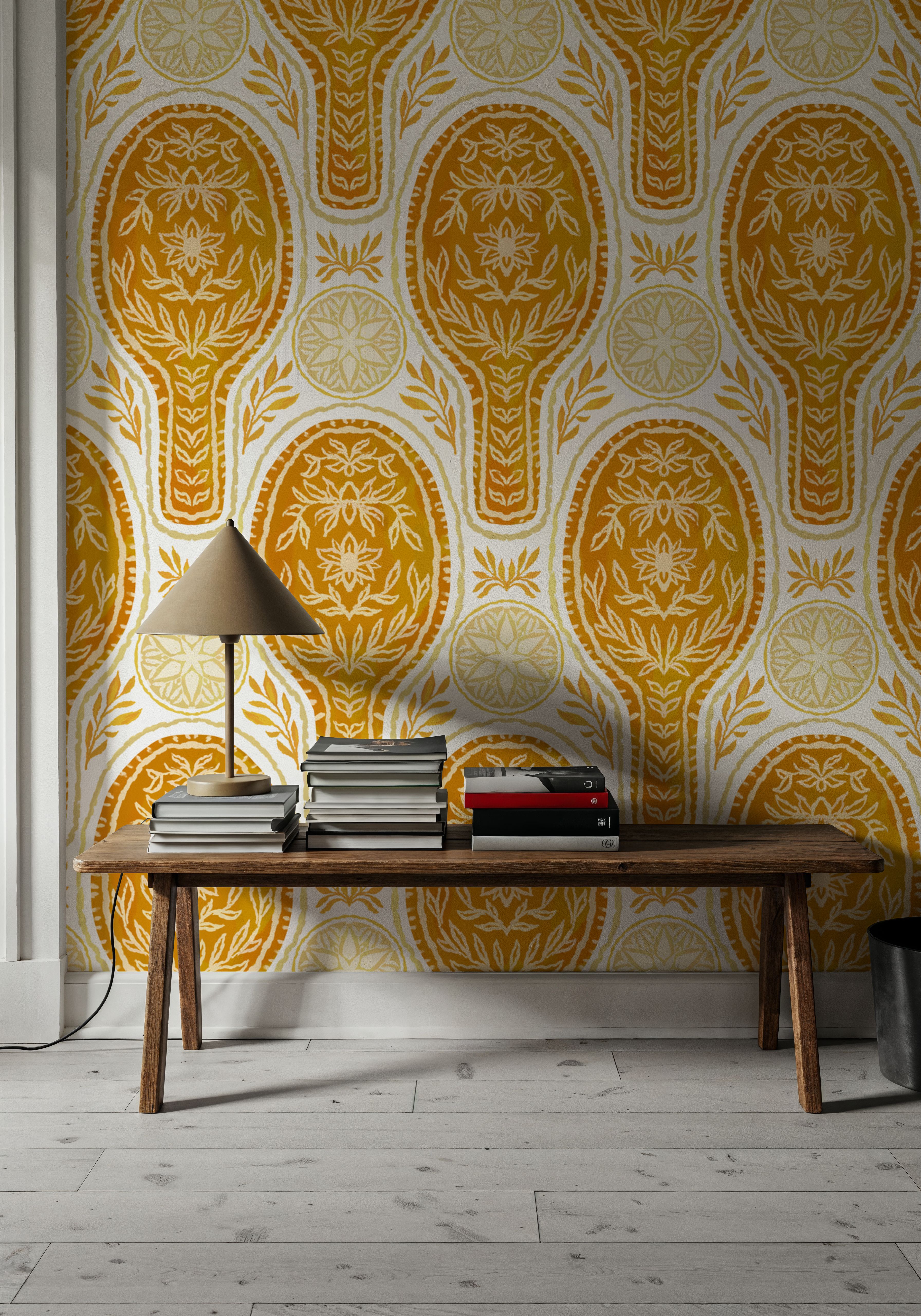 Floral Rackets, Yellow, Wallpaper