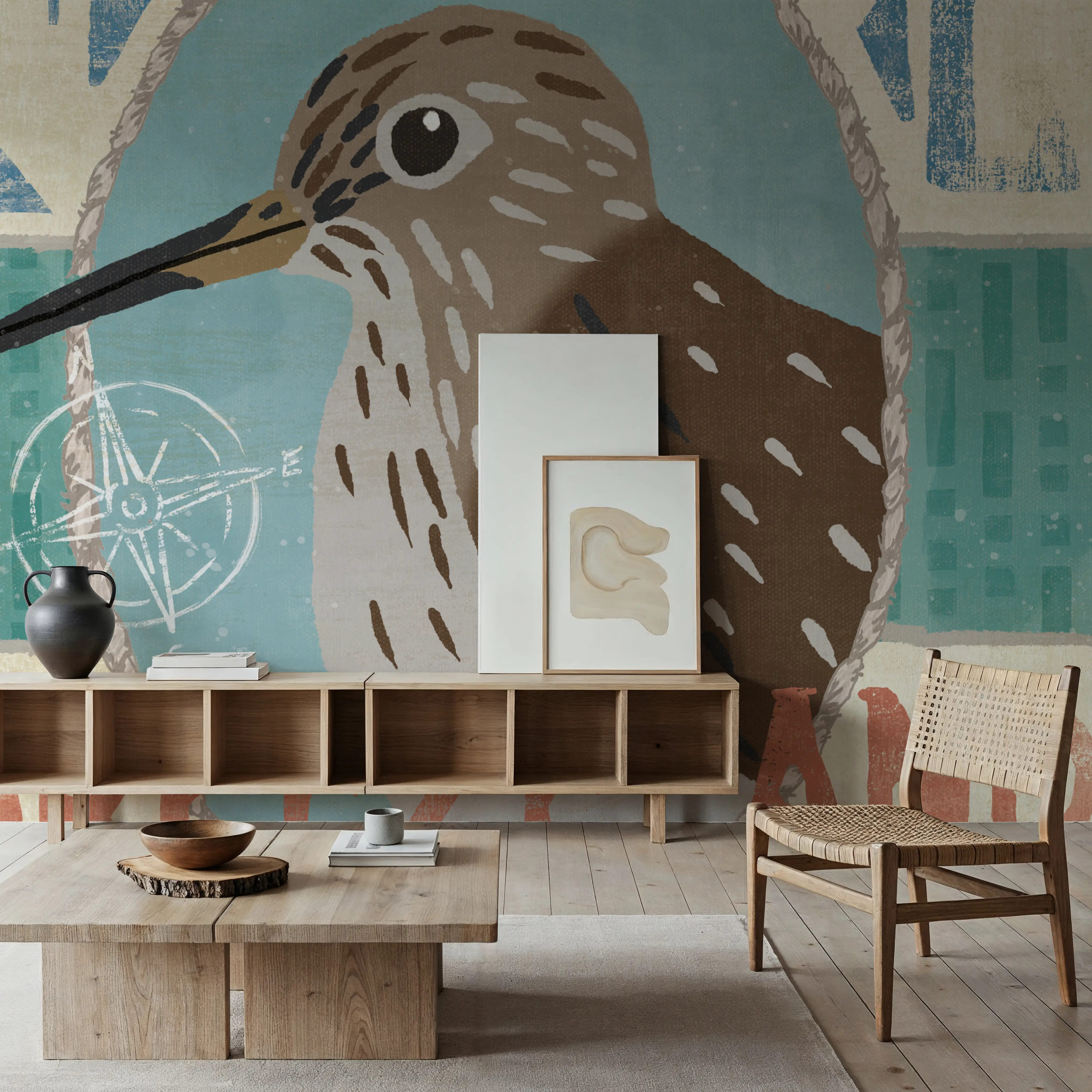 Wall Mural - Picking Good Times - Birds Graphics mural wallpaper - Blue - Offices - Wallism UK - Peel & Stick or Paste-the-Wall