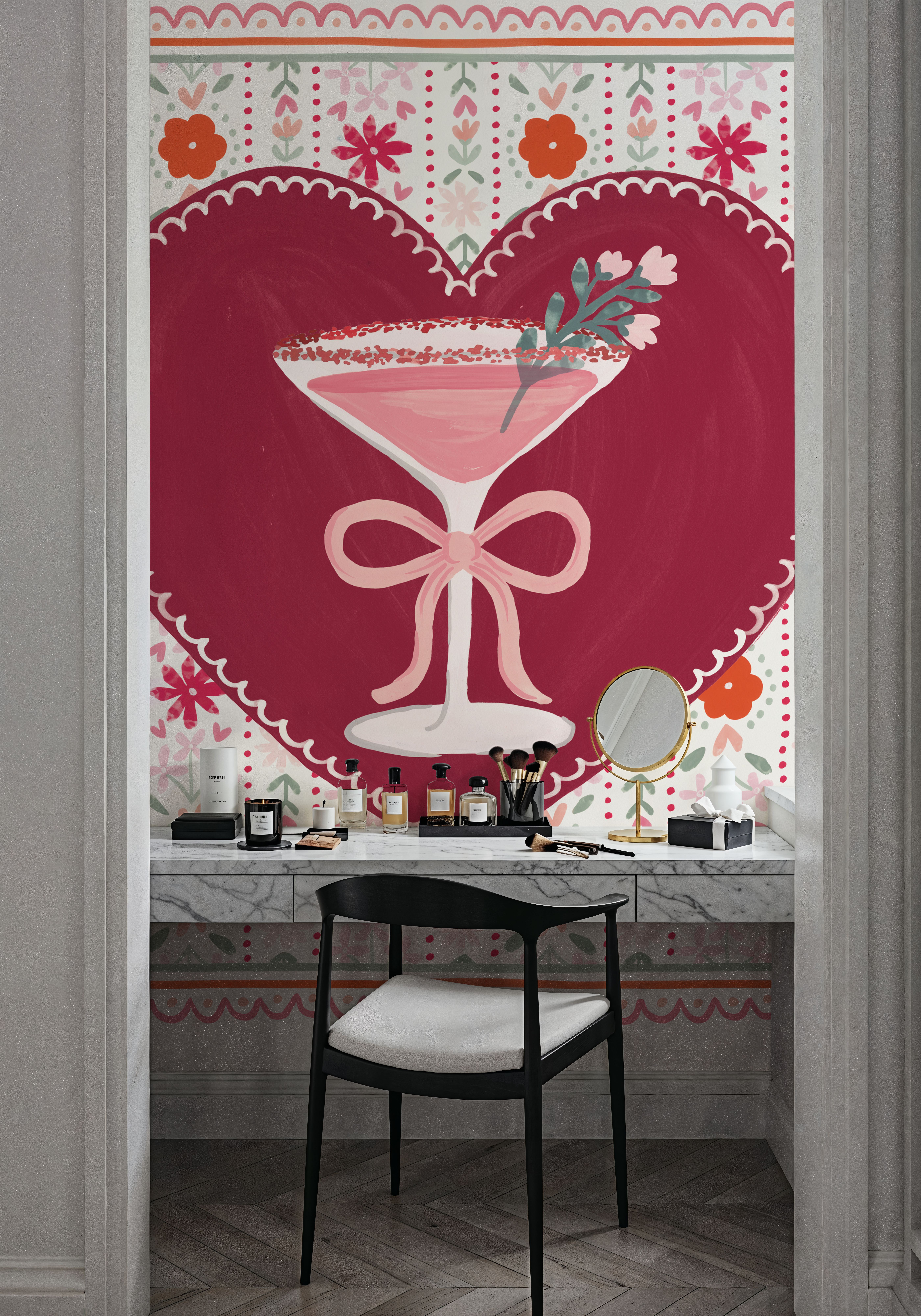 Fotobehang - Blooming Hearts IV Cocktail - Bloemen Eten en Drinken Mural - Rood - Eetkamer - Wallism Nederland - Zelfklevend of Vliesbehang