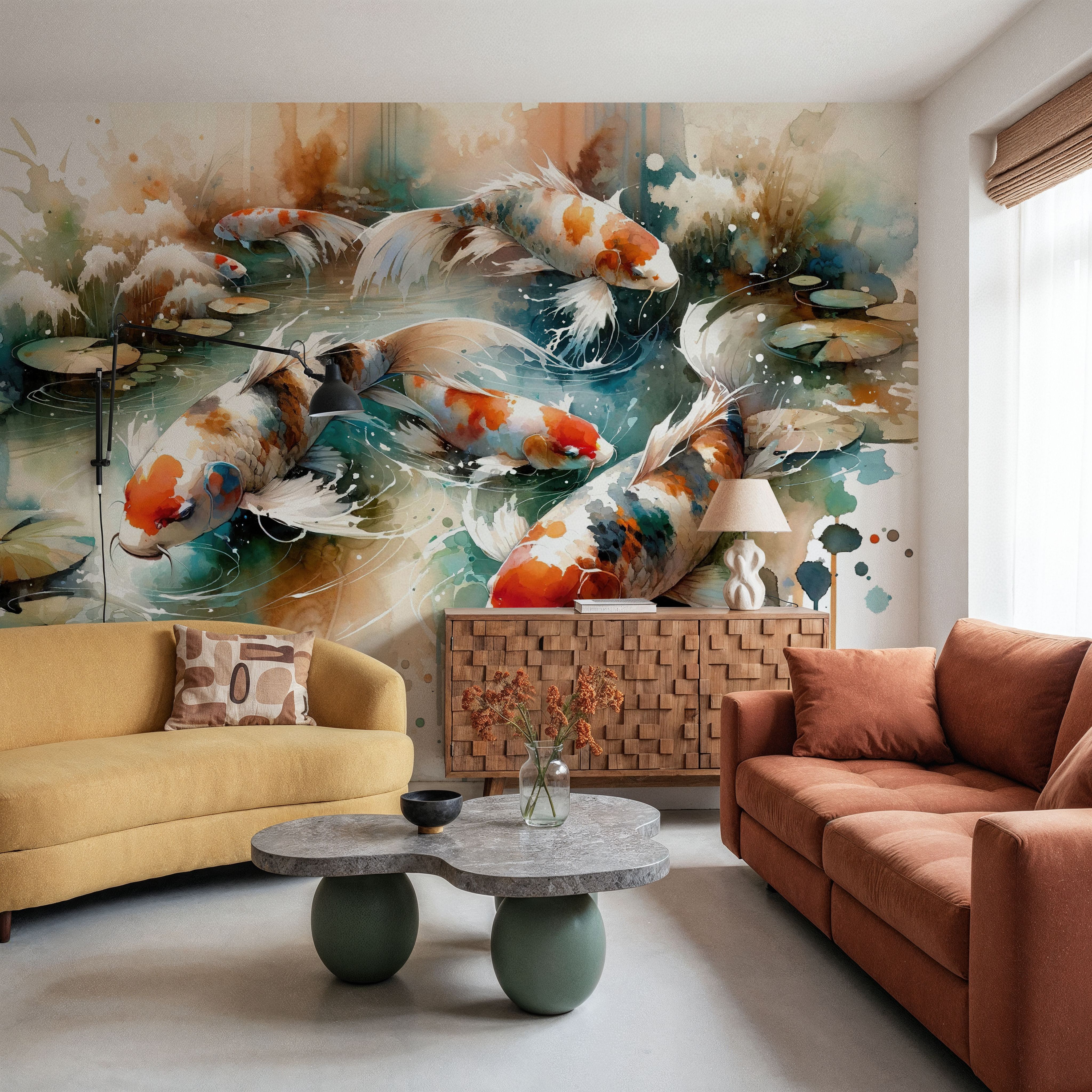 Wall Mural - Koi Fishes in Watercolor - Abstract Oceans & Seascapes mural wallpaper - Living room - Wallism US - Premium, Textured or Peel & Stick