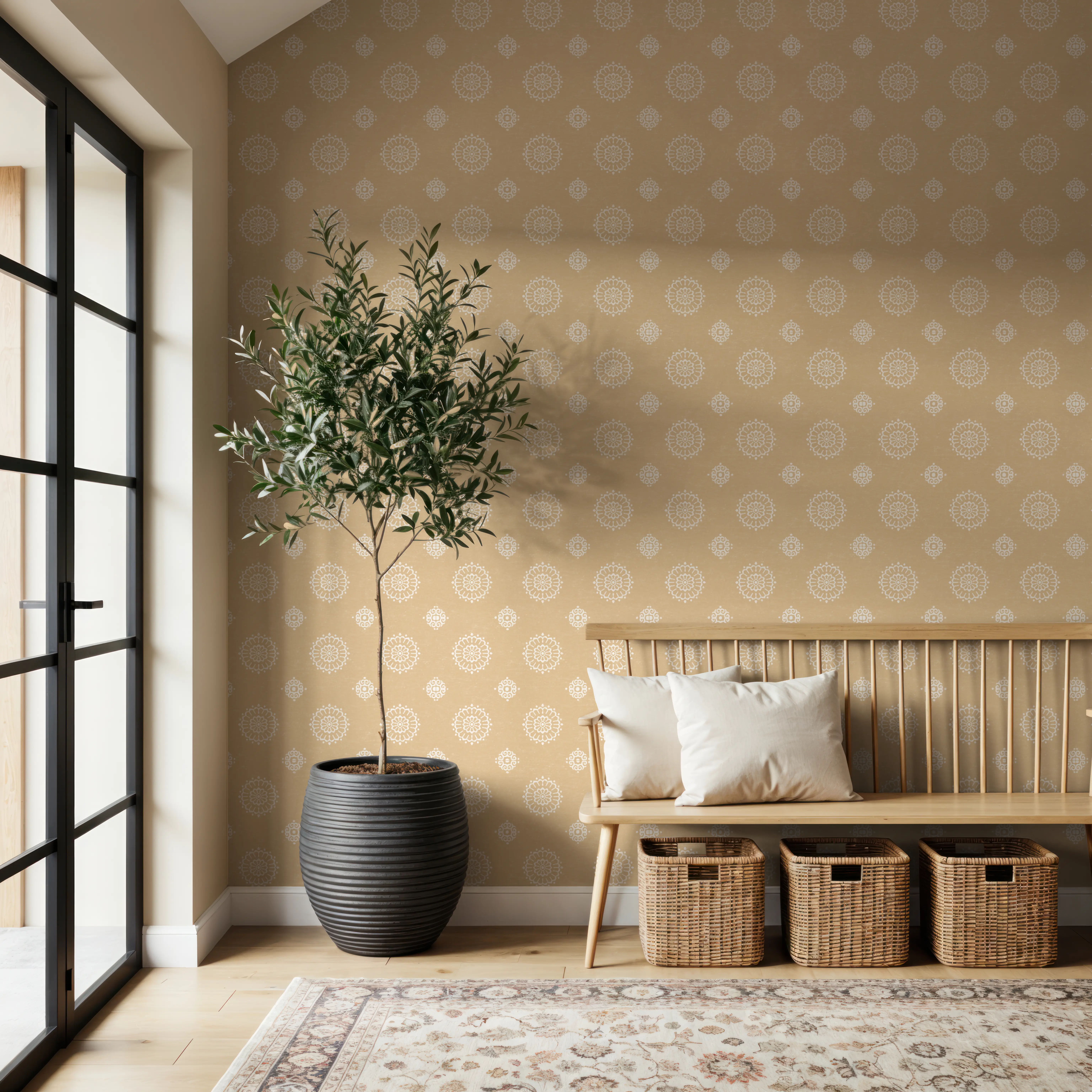 Wallpaper - Atlantic Beige - Arts & Crafts Circles - Yellow - Bedroom - Wallism UK - Peel & Stick or Paste-the-Wall