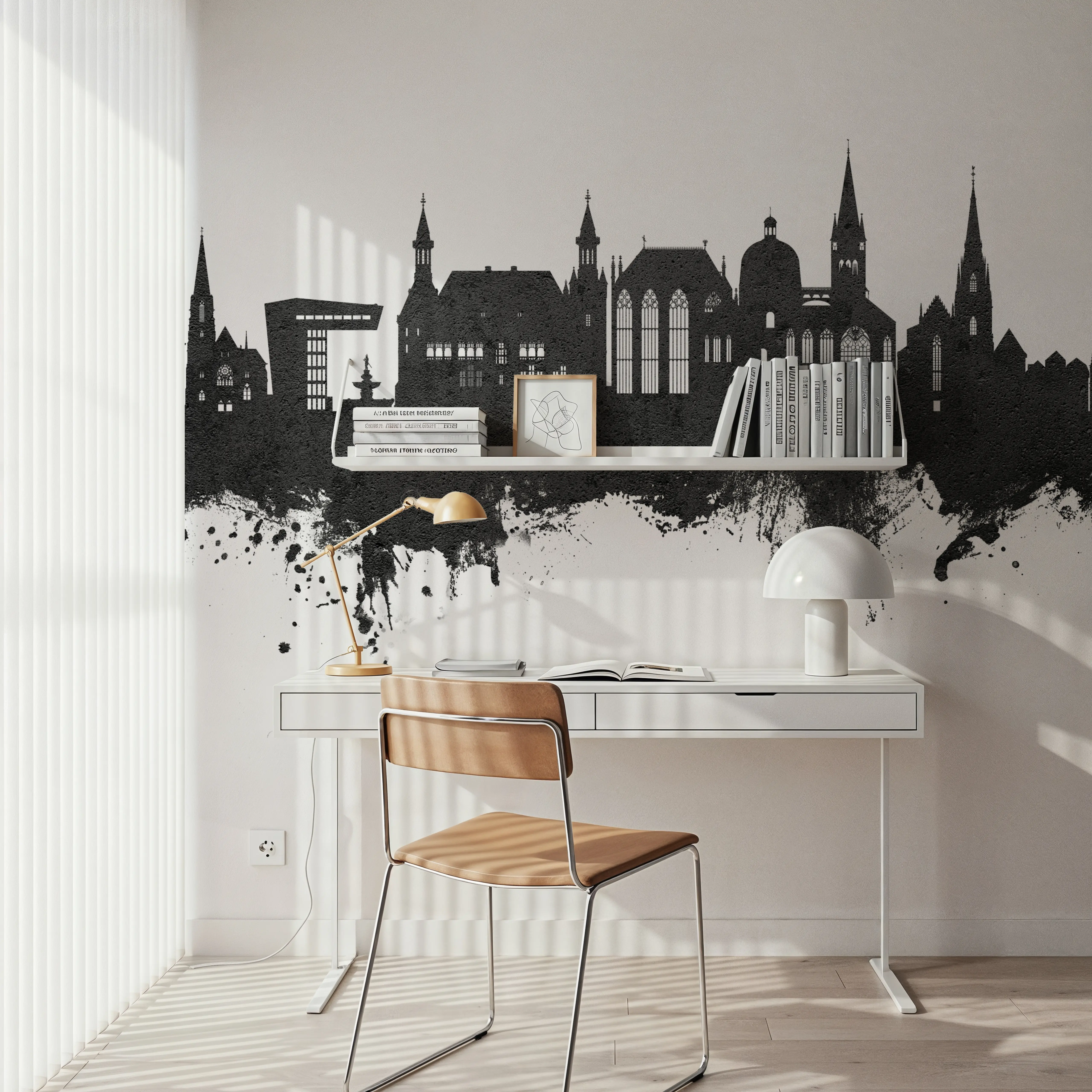 Papier Peint Panoramique - Aachen Germany Skyline Black & White - Graphiques - Gris - Bureaux - Wallism Belgique - Encollage au mur ou Autocollant