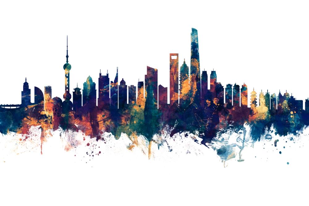 Shanghai China Skyline Blue & Bronze