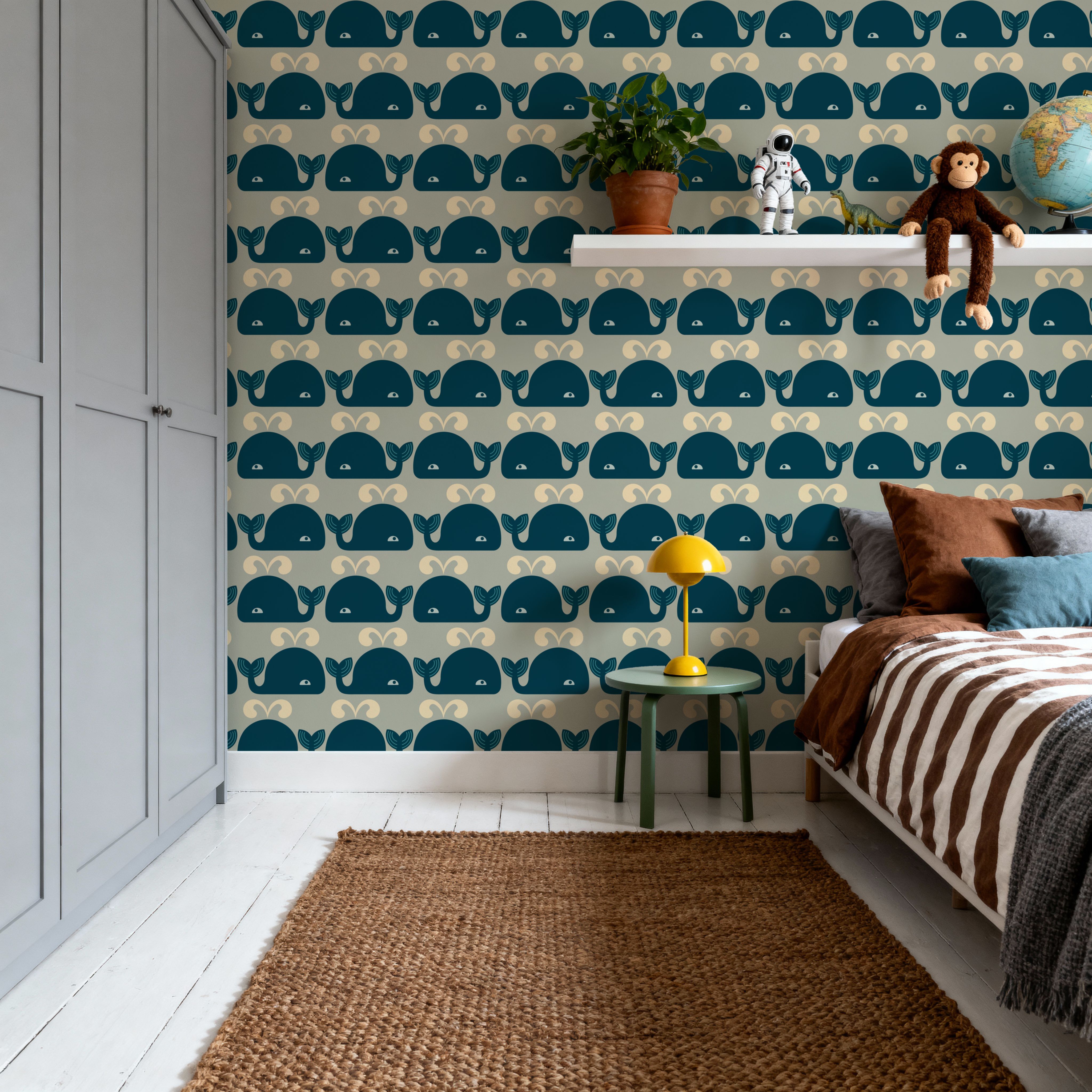 Wandering Whales, Teal, Wallpaper