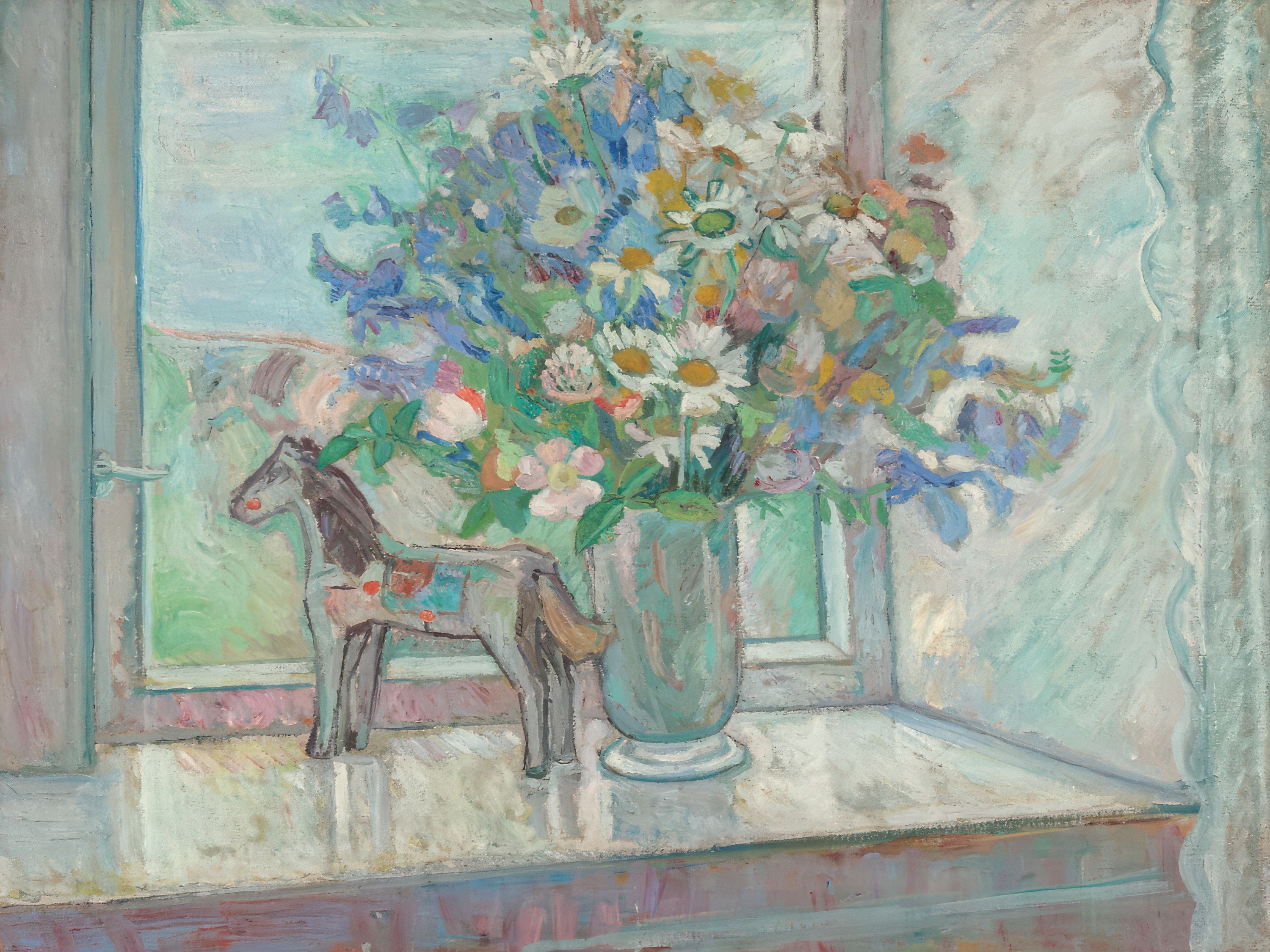 Flowers and Horse Figure By Window