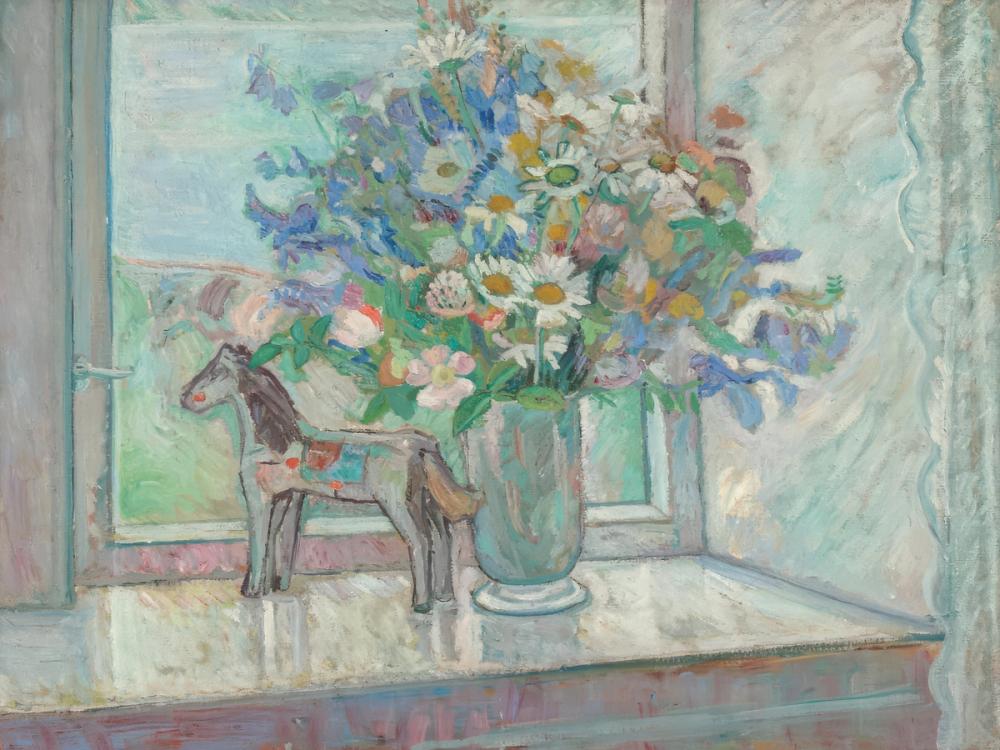 Flowers and Horse Figure By Window