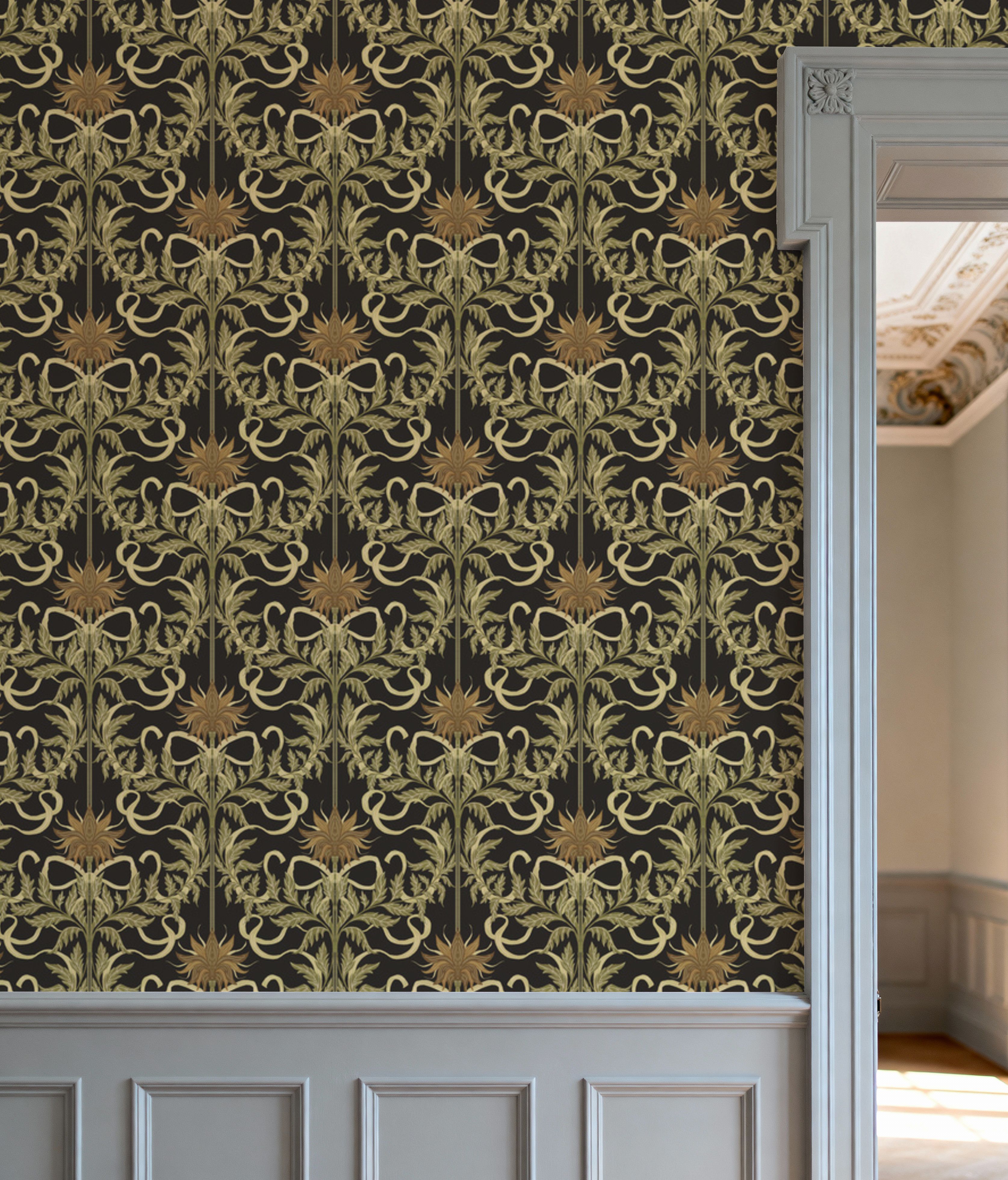 Floral Damask & Bows, Beige