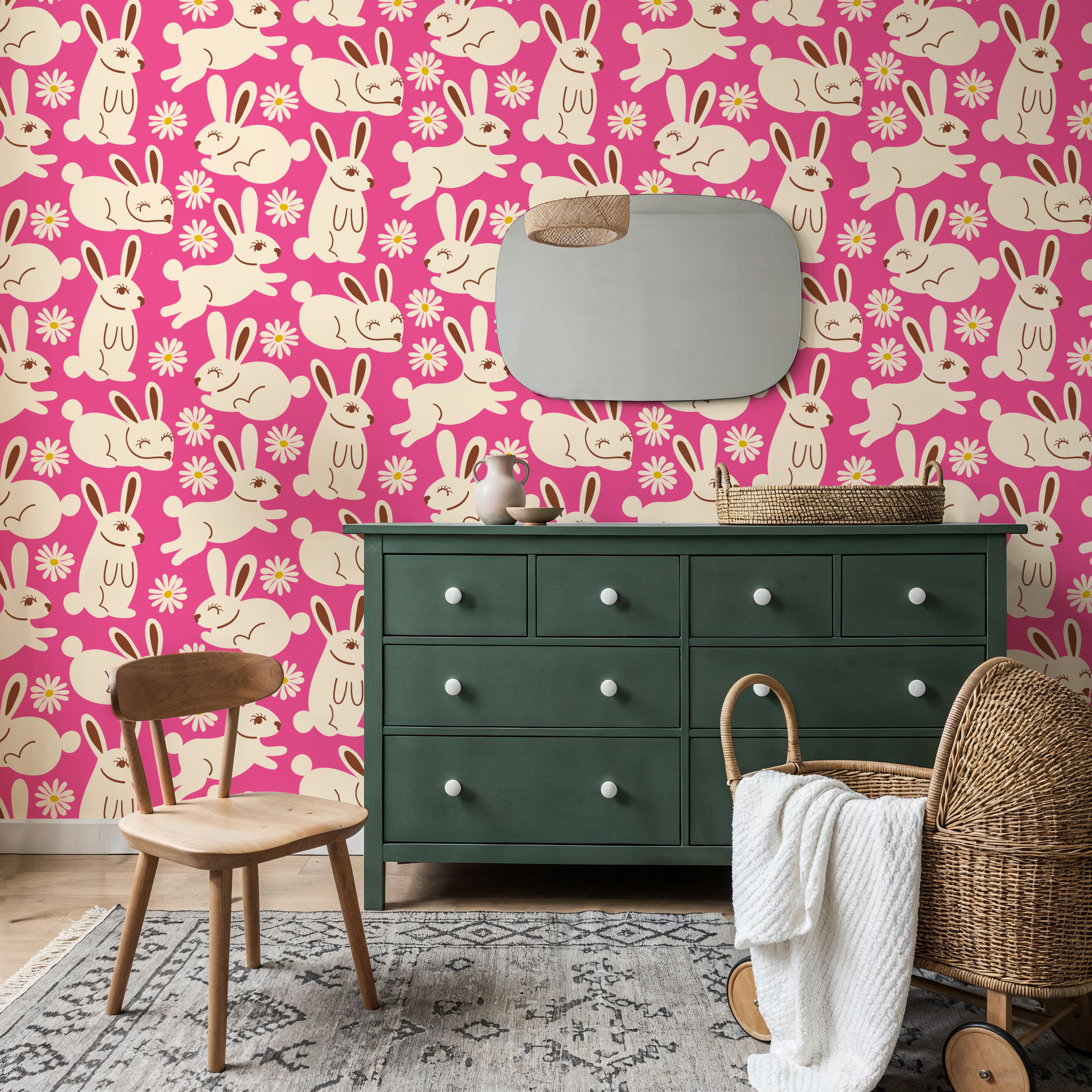 Blissful Bunnies, Neon Pink, Wallpaper