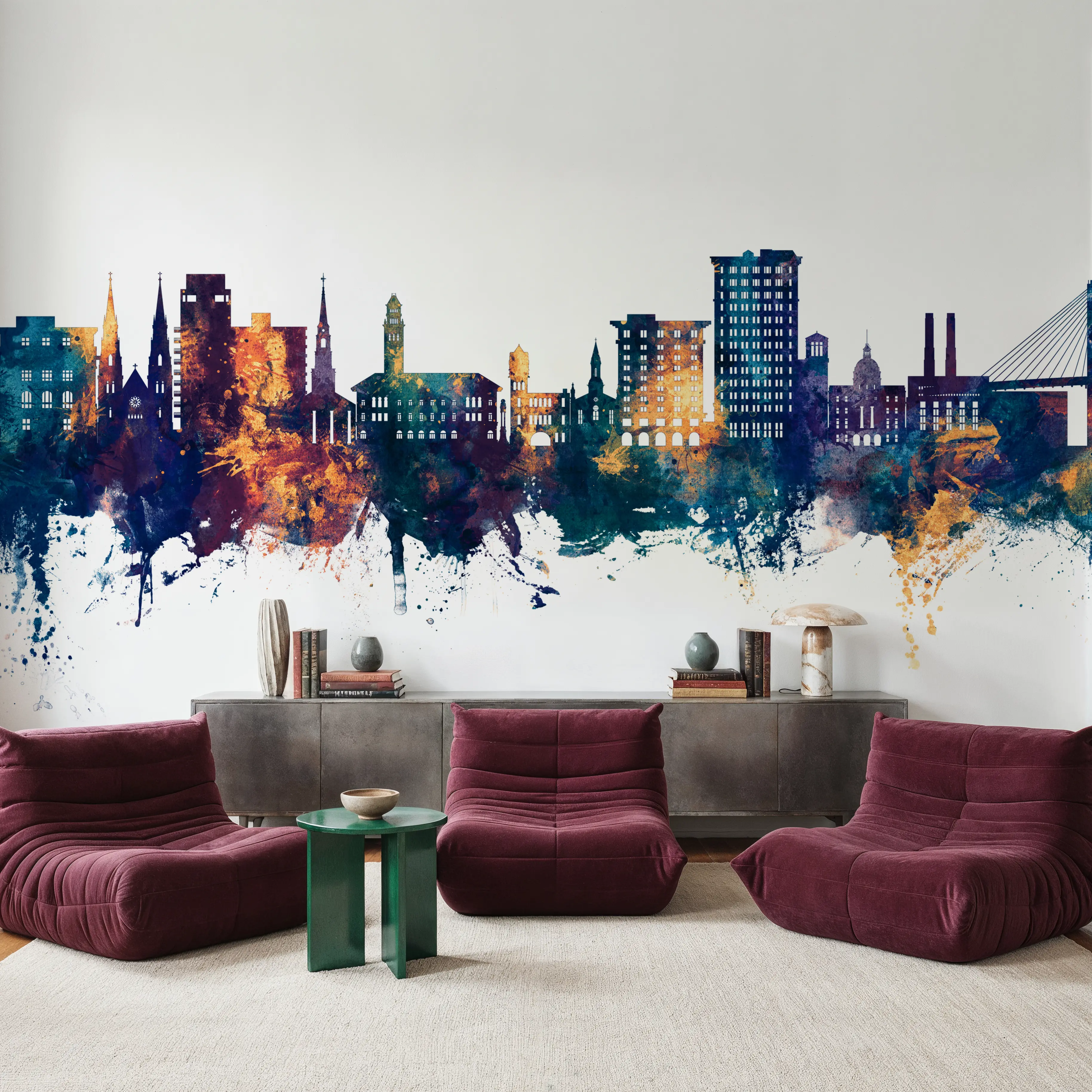 Wall Mural - Savannah Georgia Skyline Blue & Bronze - Architecture mural wallpaper - Blue - Living room - Wallism UK - Peel & Stick or Paste-the-Wall