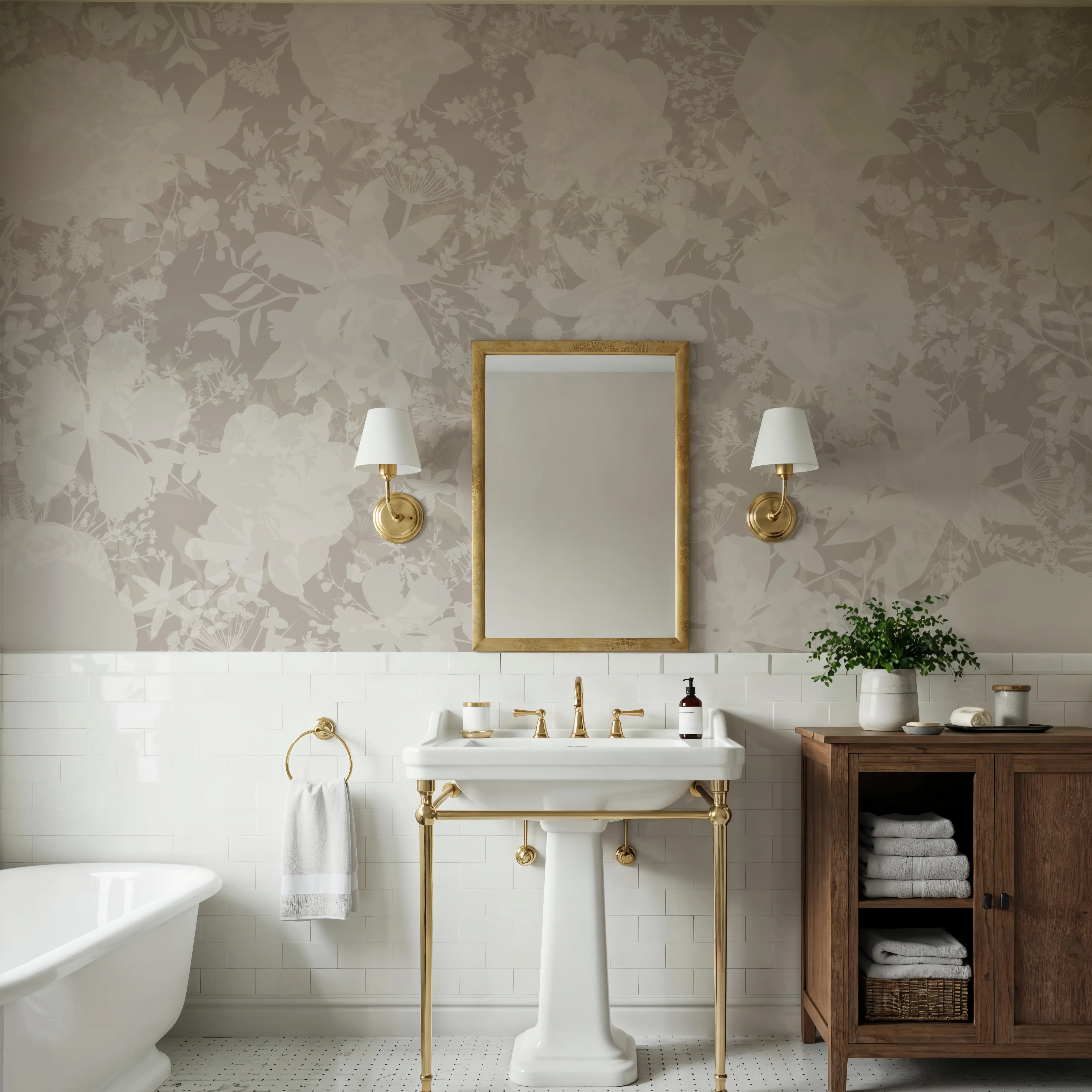 Wall Mural - Flower Silhouette No Stain - Chintz Floral mural wallpaper - Brown - Living room - Wallism UK - Peel & Stick or Paste-the-Wall