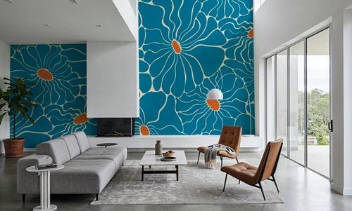 Cool Fluid Flowers Mural, Turqouise