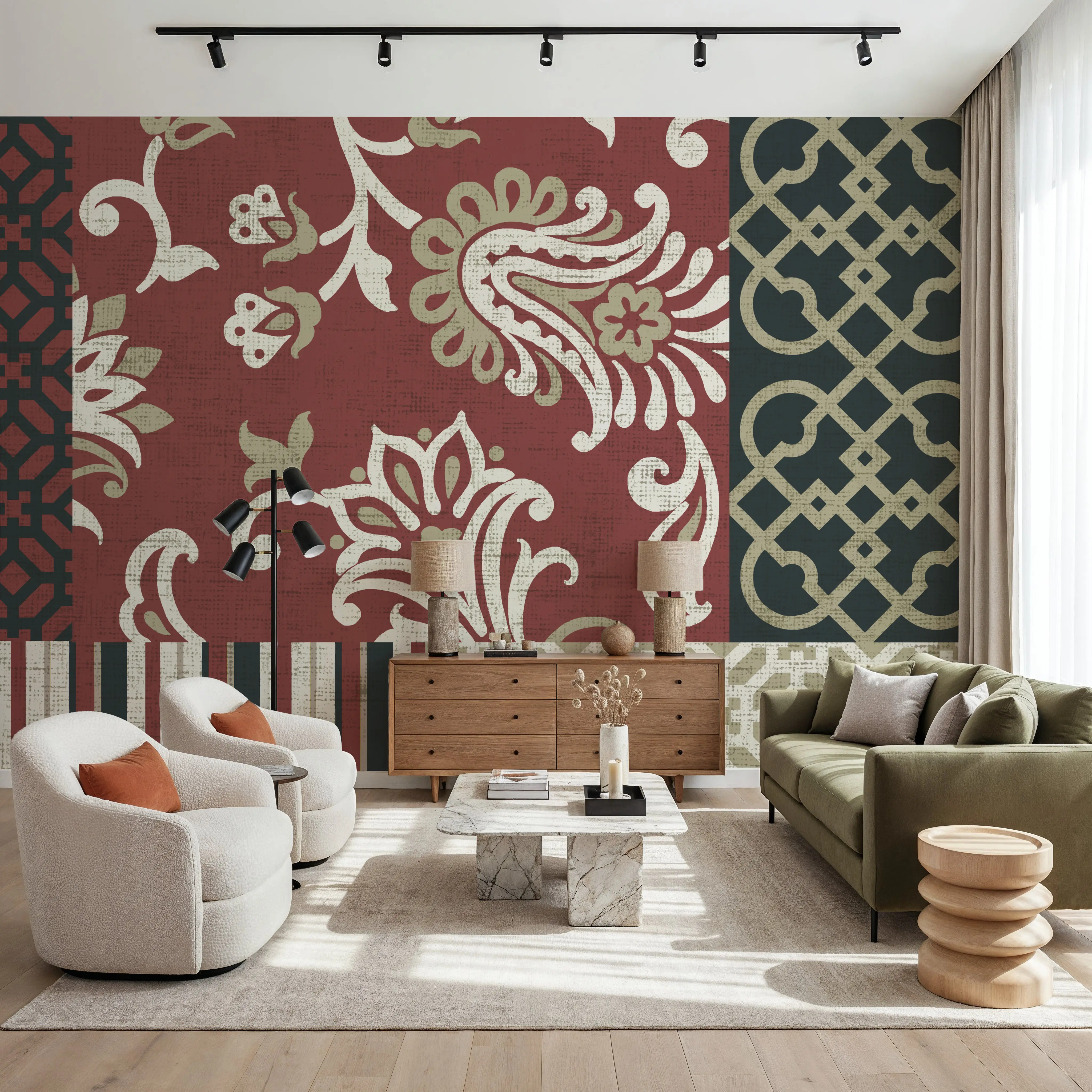 Fotobehang - Chatsworth Marsala IV - Damast Strepen Mural - Rood - Eetkamer - Wallism België - Zelfklevend of Vliesbehang