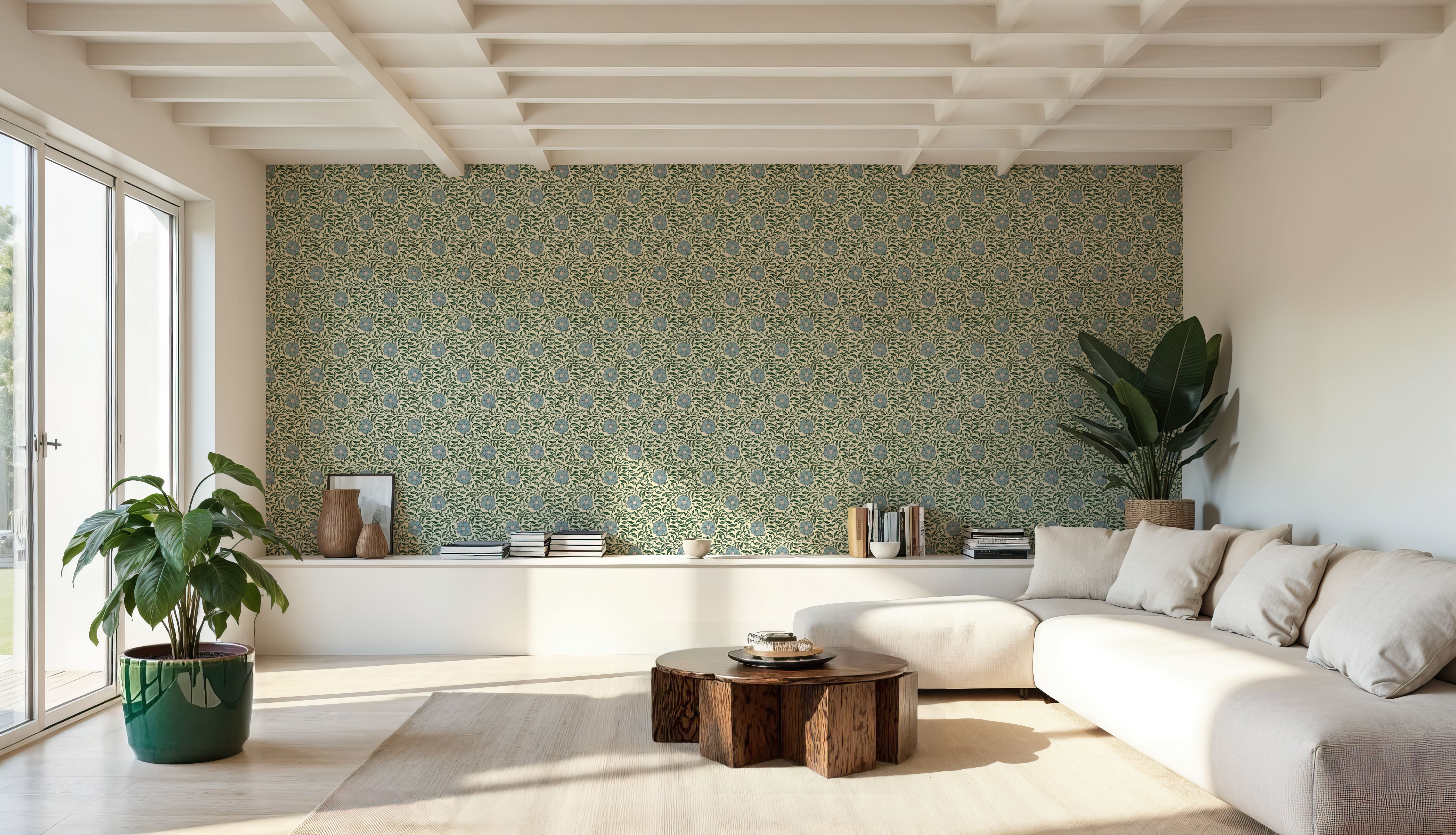 Wall Mural - Authentique, Sky Blue - Arts & Crafts Chintz mural wallpaper - Dining Room - Wallism US - Premium, Textured or Peel & Stick