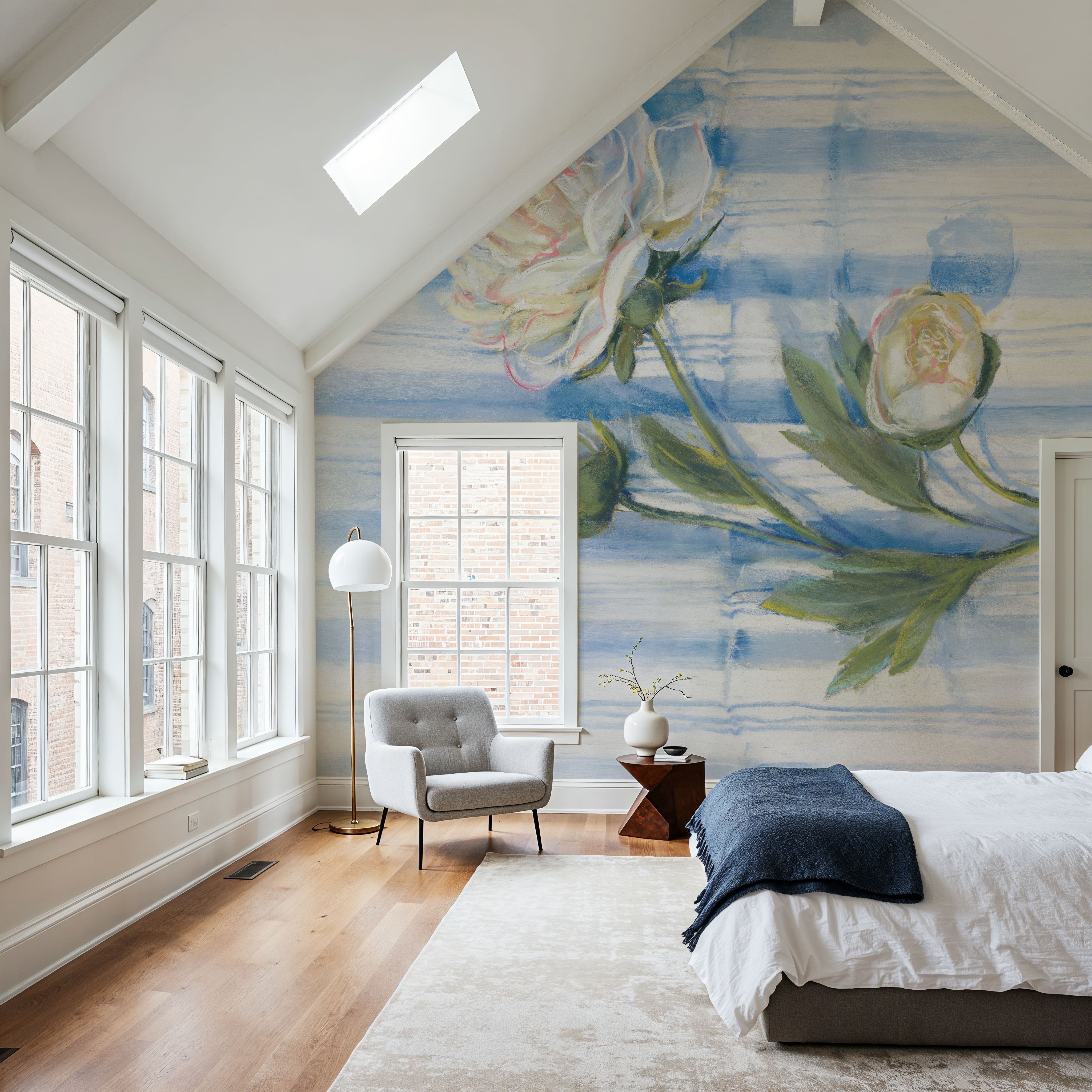 Peony on Blue Stripe